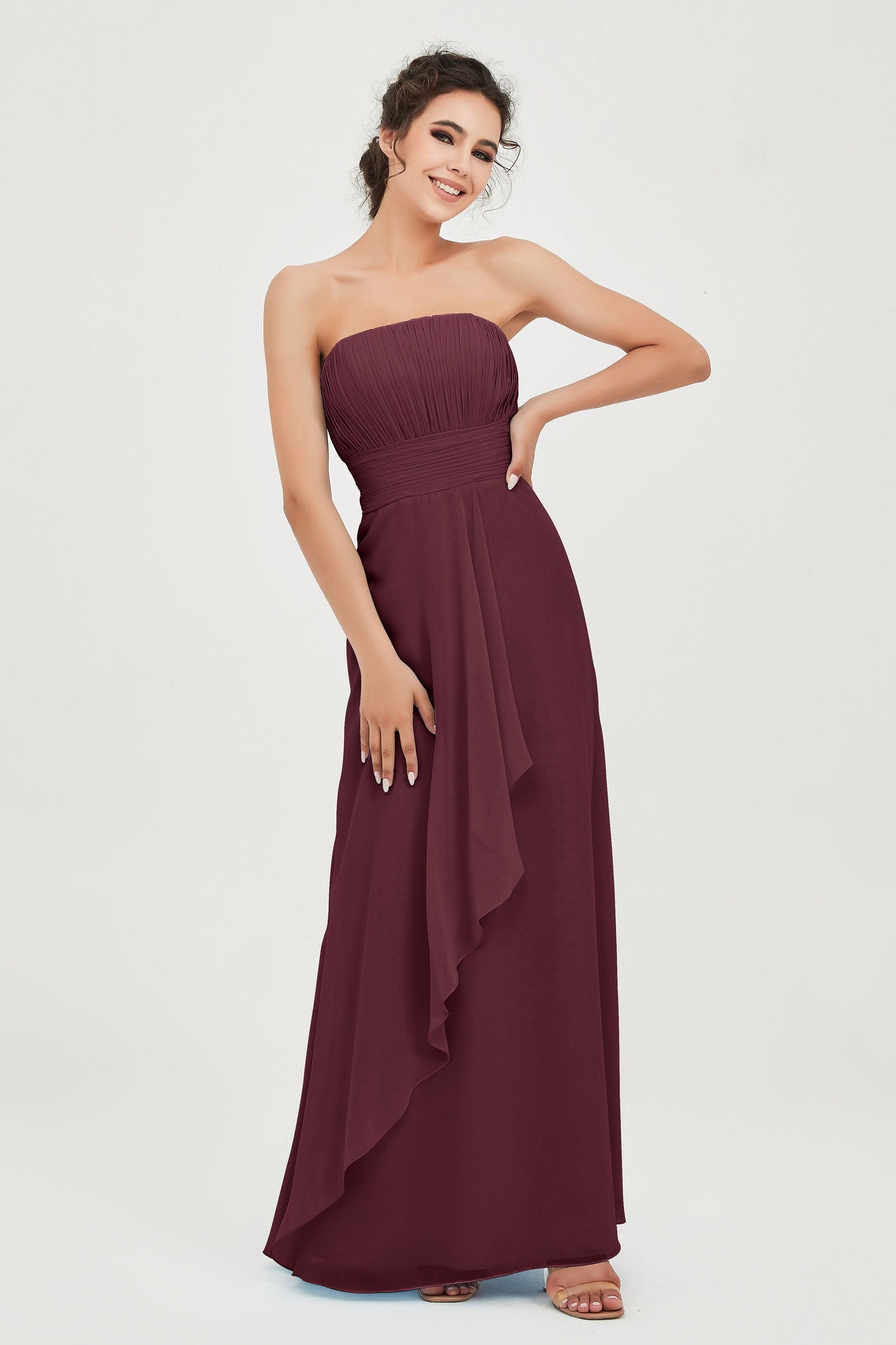 strapless burgundy bridesmaid dresses Burgundy Satin Mermaid Strapless Long Bridesmaid Dresses With Slit, MBD254