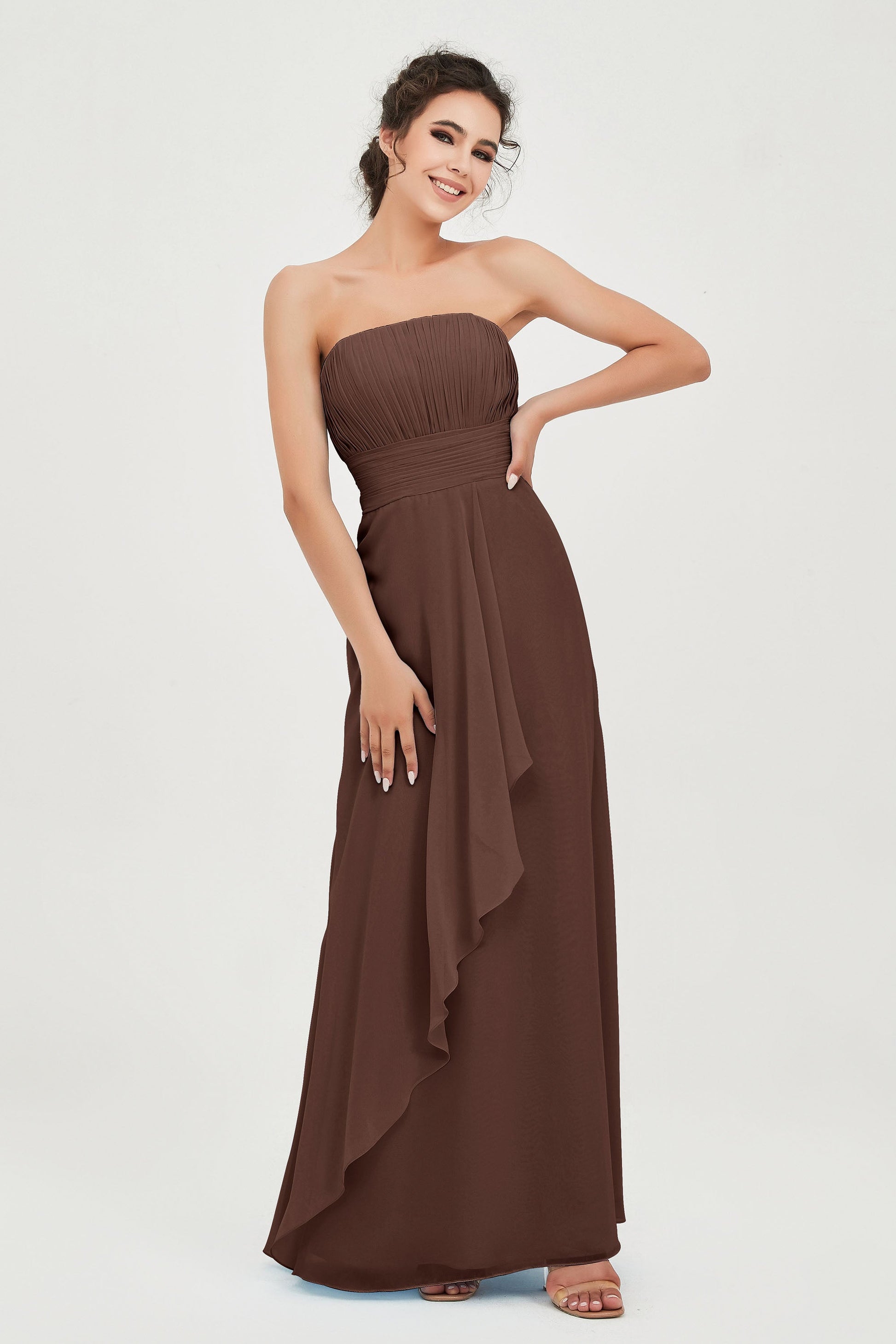 Duntery A-line Strapless Floor-length Chiffon Bridesmaid Dress, Coral Duntery A-line Strapless Floor-length Chiffon Bridesmaid Dress, Coral