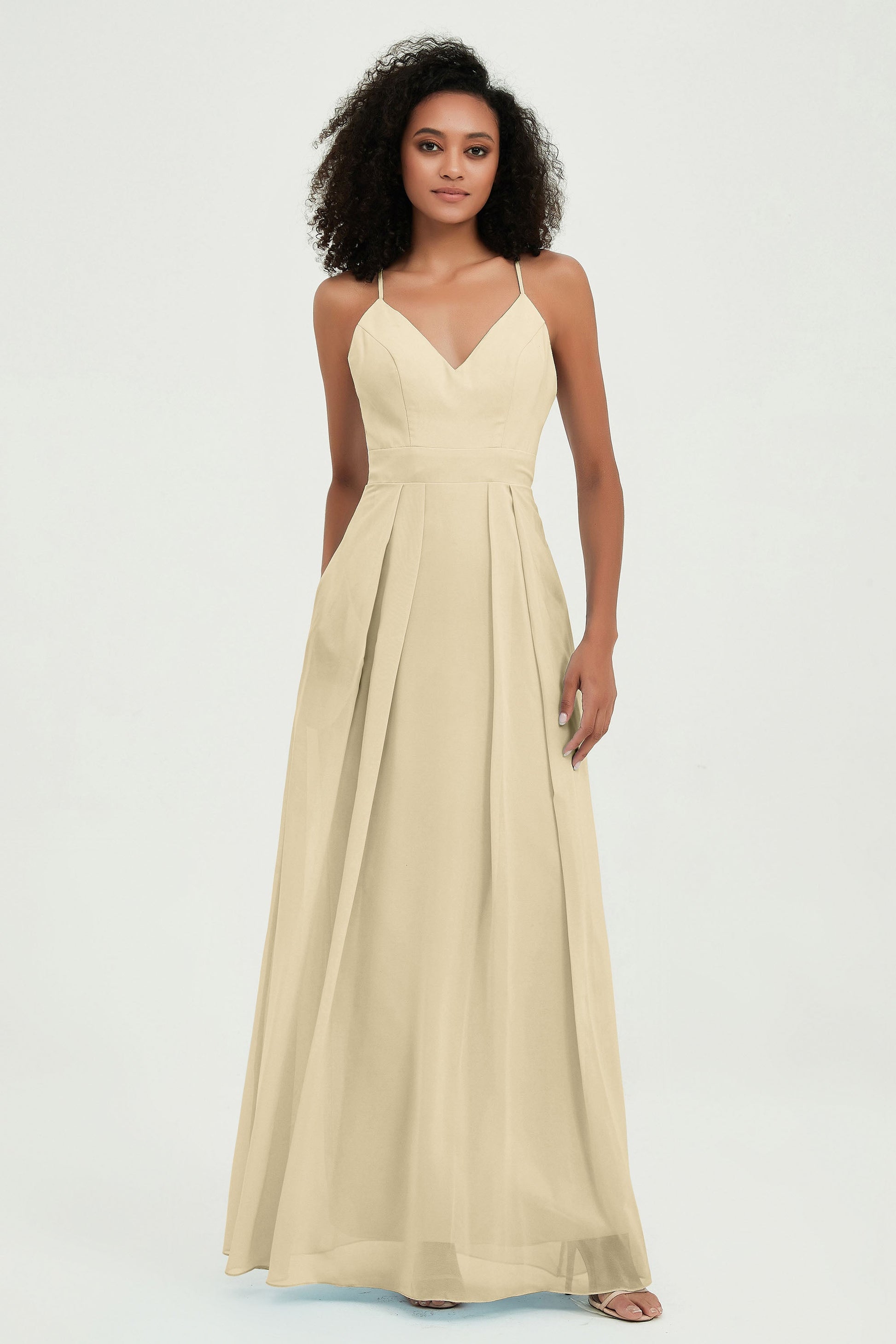 Duntery Spaghetti Straps Criss-Cross Straps Chiffon Bridesmaid Dress, Peach Duntery Spaghetti Straps Criss-Cross Straps Chiffon Bridesmaid Dress, Peach