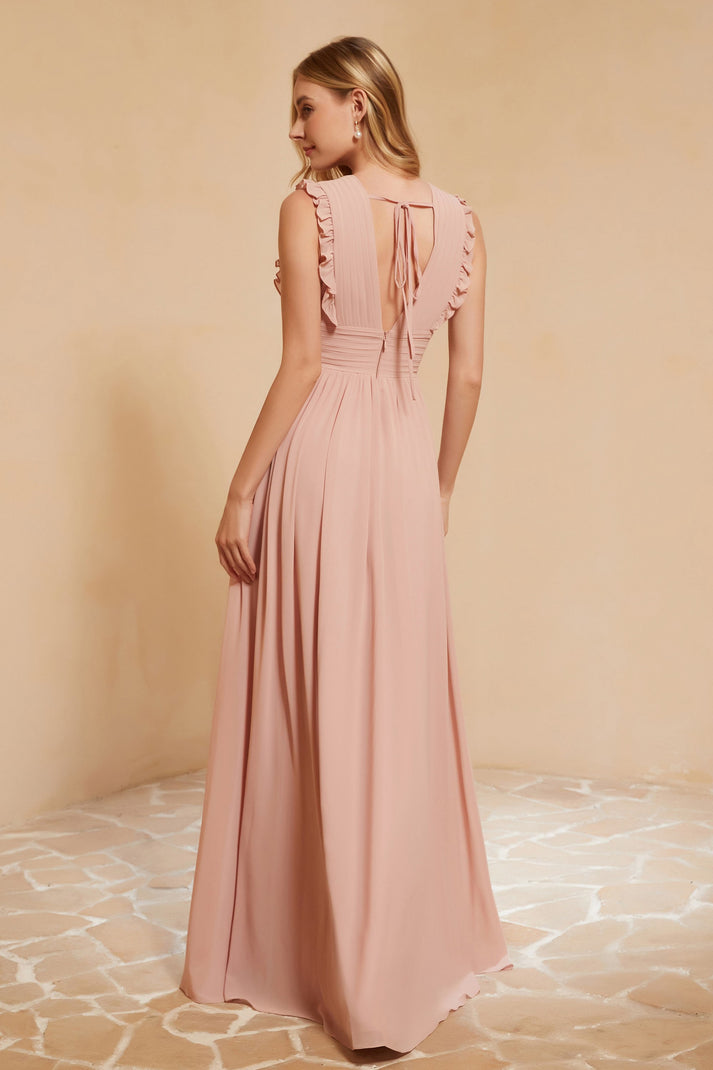 V-neck Criss-Cross Straps Ruched Chiffon Floor-length Dresses Regency