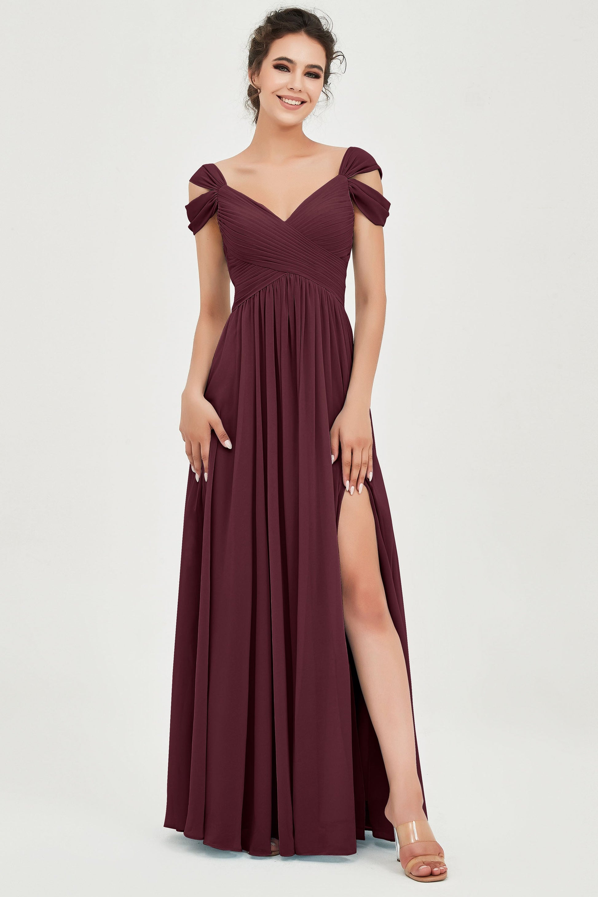 Duntery Empire Cold-Shoulder Front Split Chiffon Bridesmaid Dress, Plum Duntery Empire Cold-Shoulder Front Split Chiffon Bridesmaid Dress, Plum