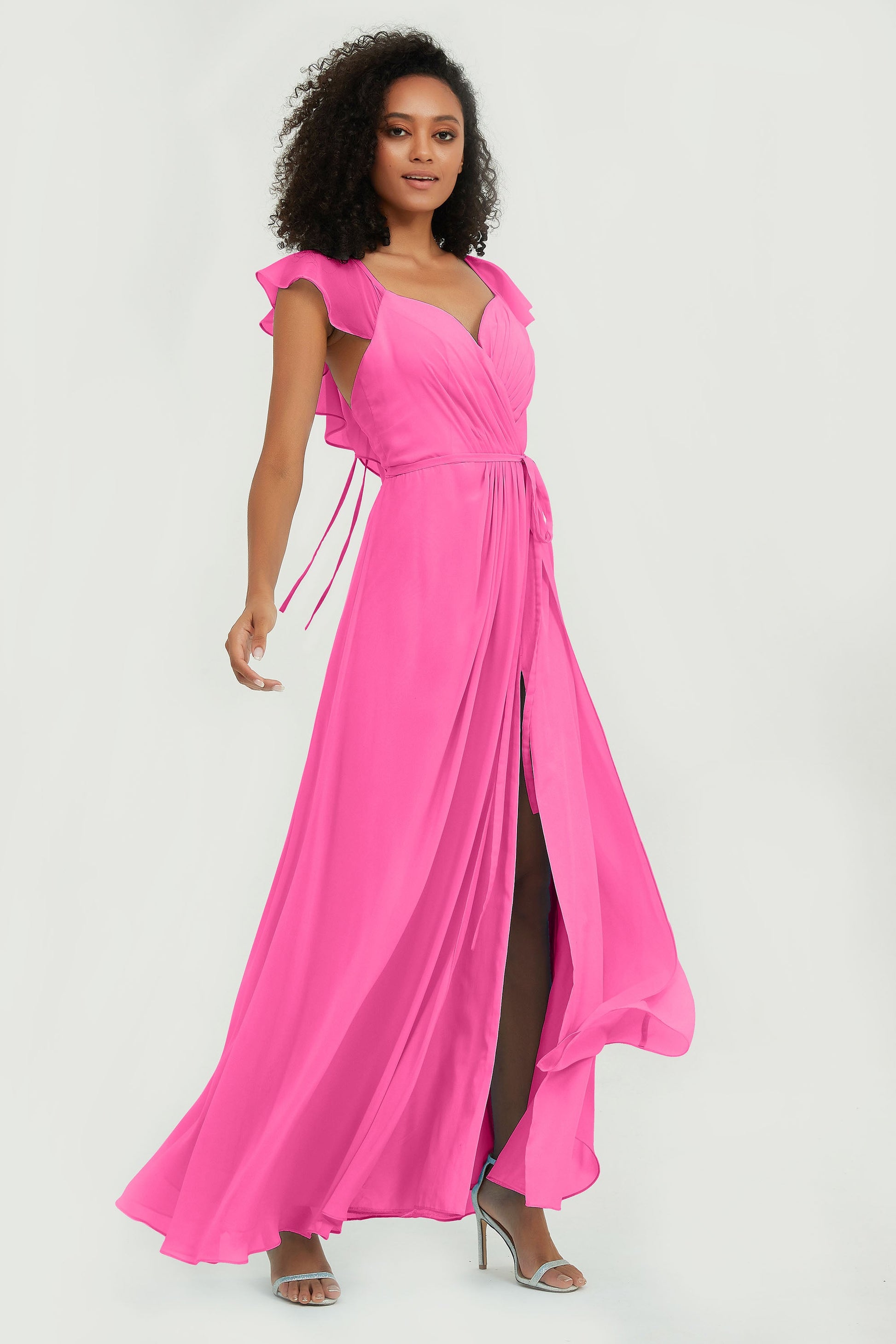 A-line Ruffle Cap Sleeve Chiffon Bridesmaid Dress With Bow – DUNTERY