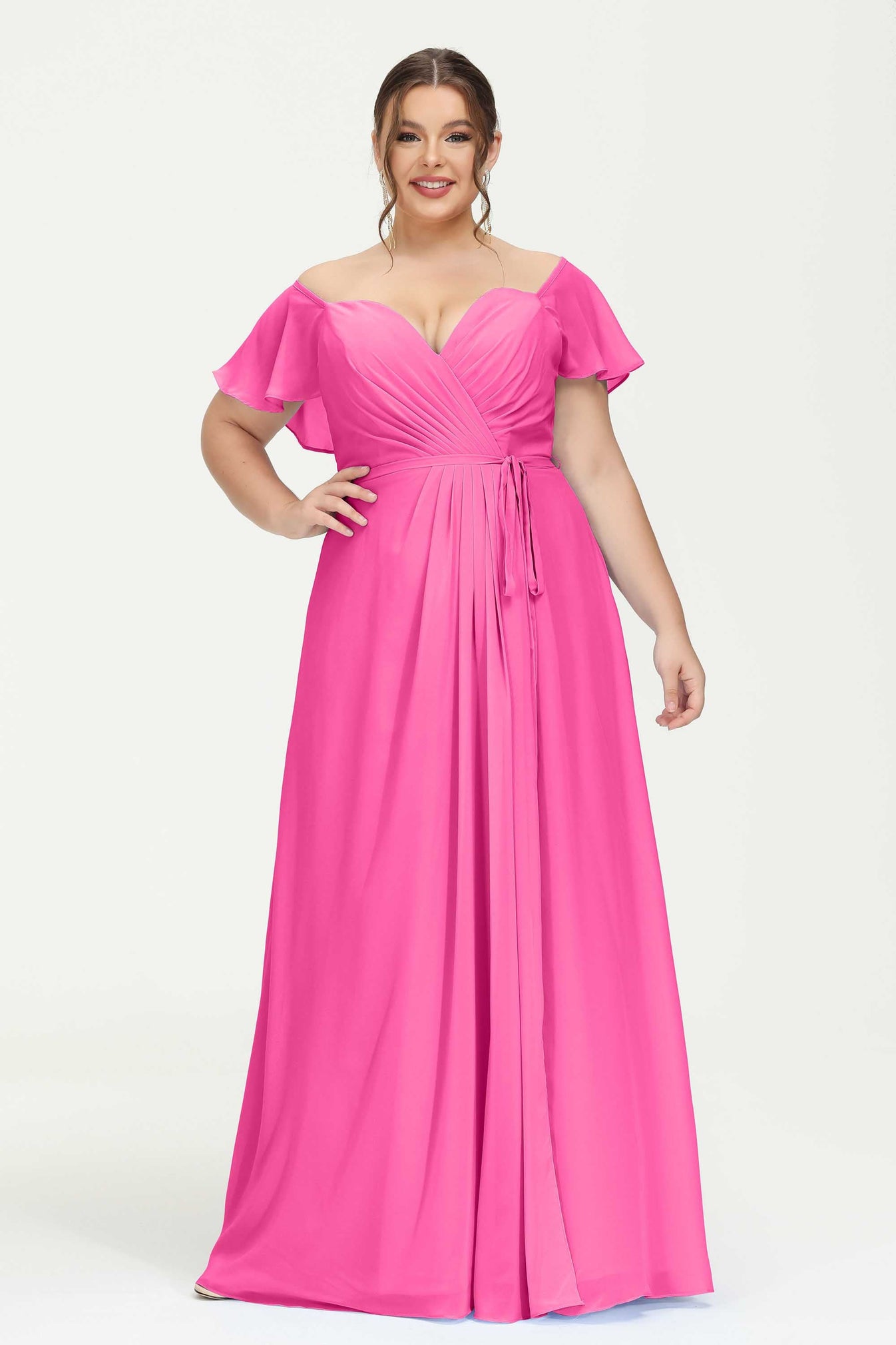 One FLUTTER SLEEVE Long Chiffon Dresses Brown Plus Size