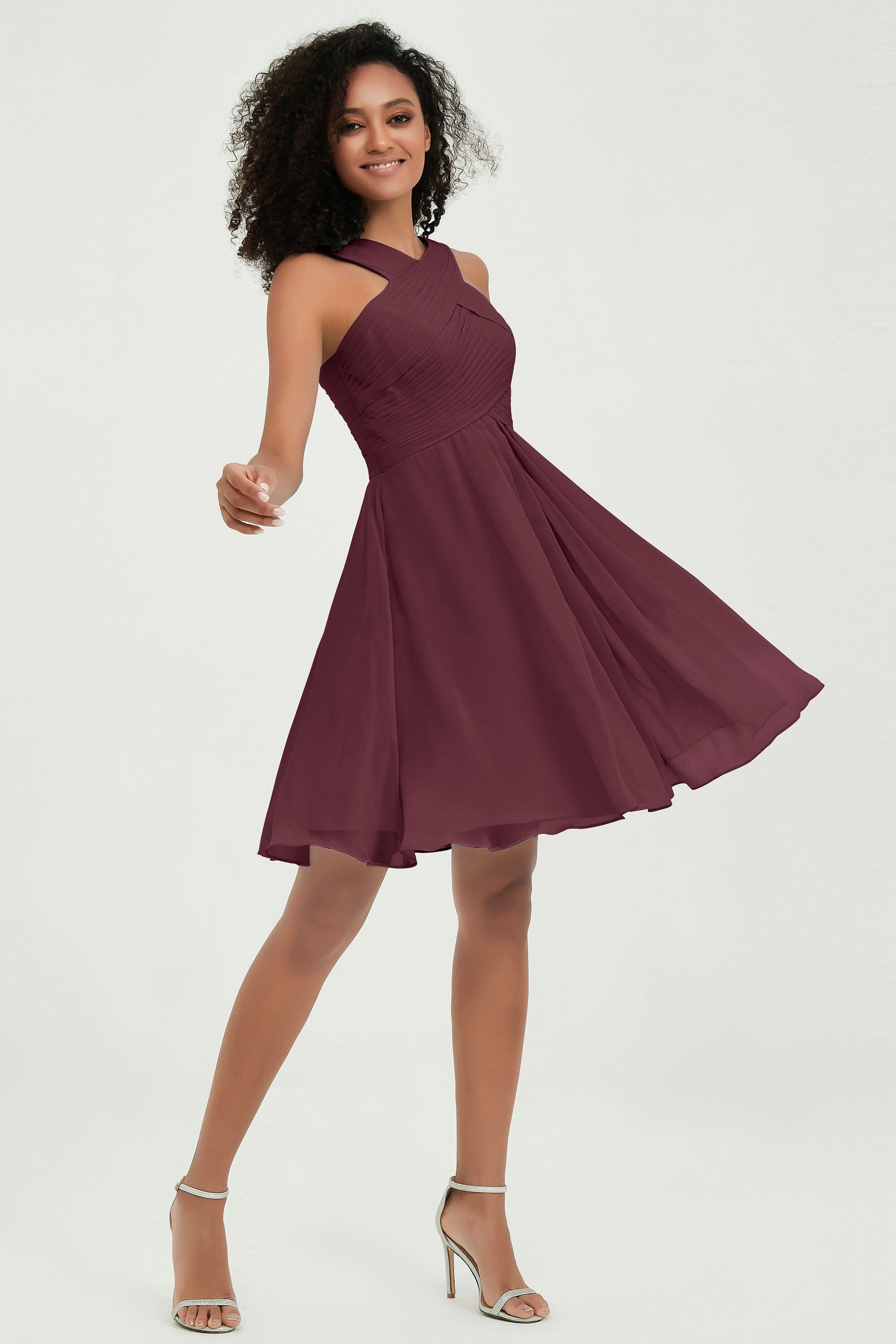 Duntery Empire V-neck Chiffon Short Bridesmaid Dress, Taupe Duntery Empire V-neck Chiffon Short Bridesmaid Dress, Taupe