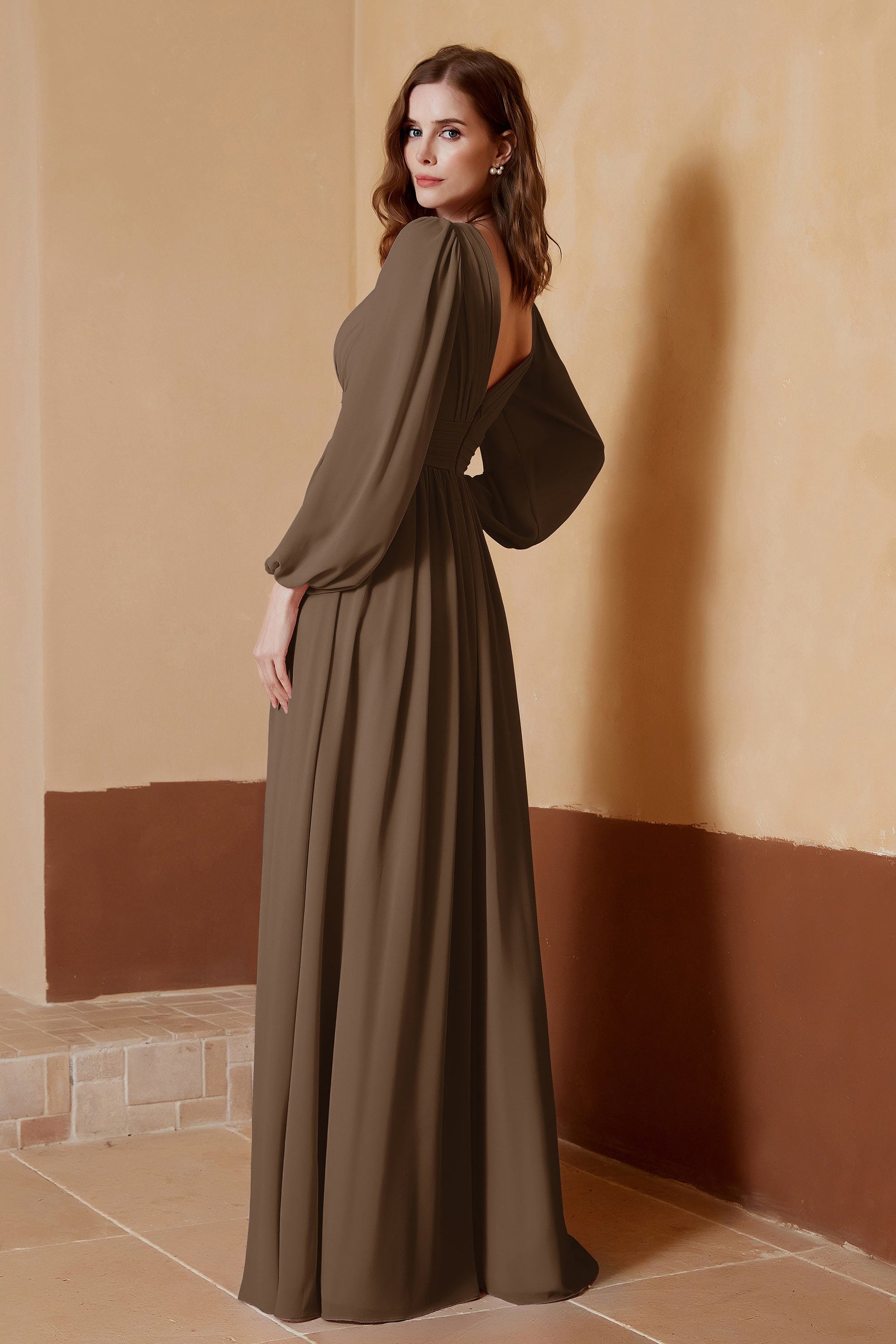 Duntery Plunging V-neck Long Sleeves Chiffon Gown, Brown Duntery Plunging V-neck Long Sleeves Chiffon Gown, Brown