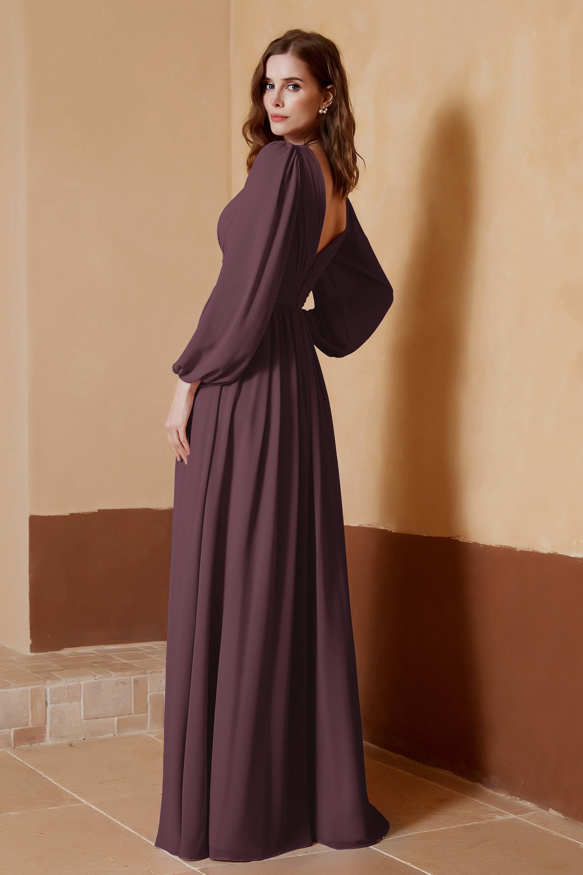 Duntery Plunging V-Neck Long Sleeves Chiffon Gown, Cabernet Duntery Plunging V-Neck Long Sleeves Chiffon Gown, Cabernet