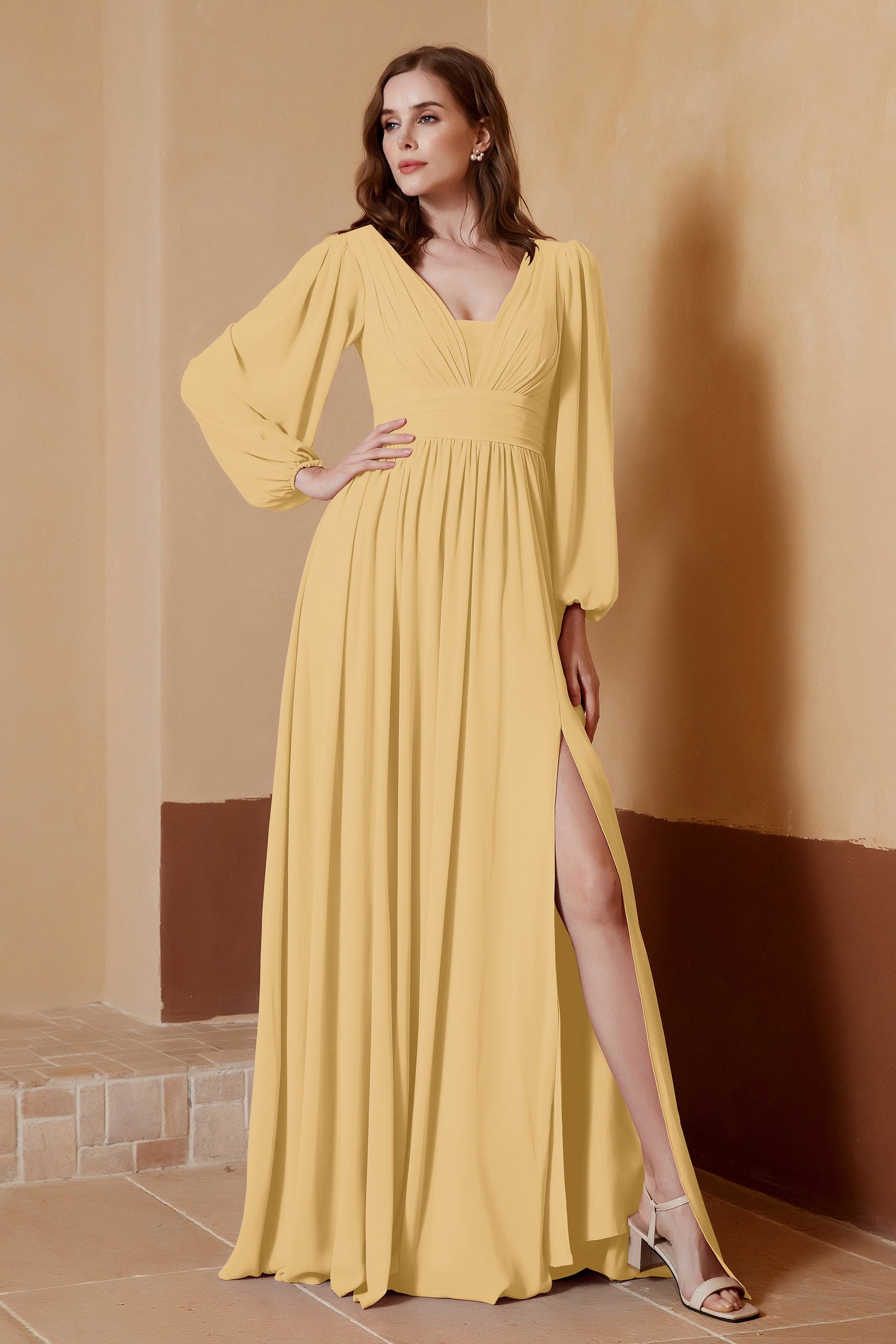 Plunging V-neck Long Sleeves Chiffon Gown DUNTERY Plunging V-neck Long Sleeves Chiffon Gown DUNTERY