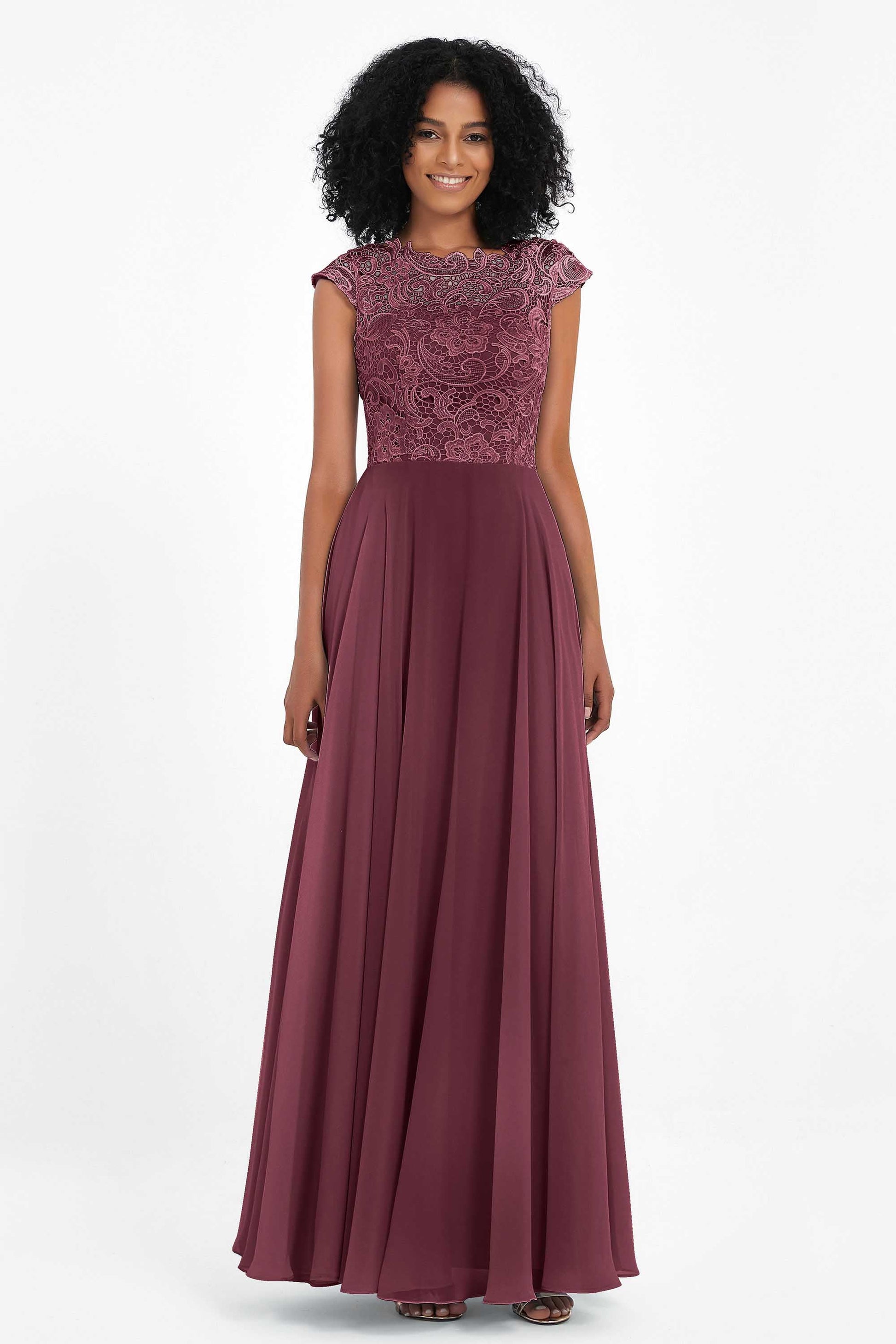Duntery Lace Bodice Bridesmaid Dress Ruched Chiffon Long Dress, Plum Duntery Lace Bodice Bridesmaid Dress Ruched Chiffon Long Dress, Plum