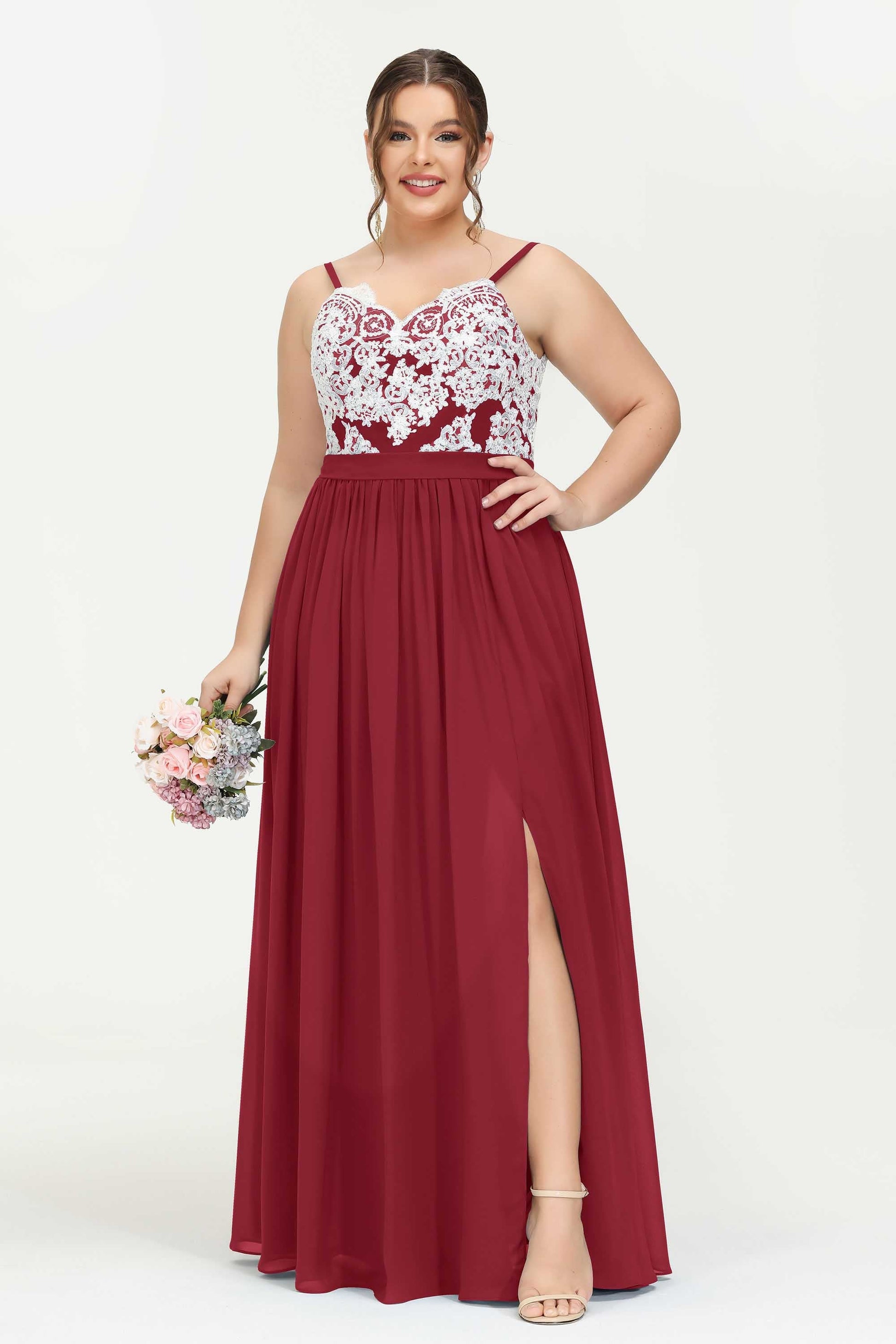 Duntery Spaghetti Straps Applique Floor-Length Dress With Slit, Cabernet Duntery Spaghetti Straps Applique Floor-Length Dress With Slit, Cabernet