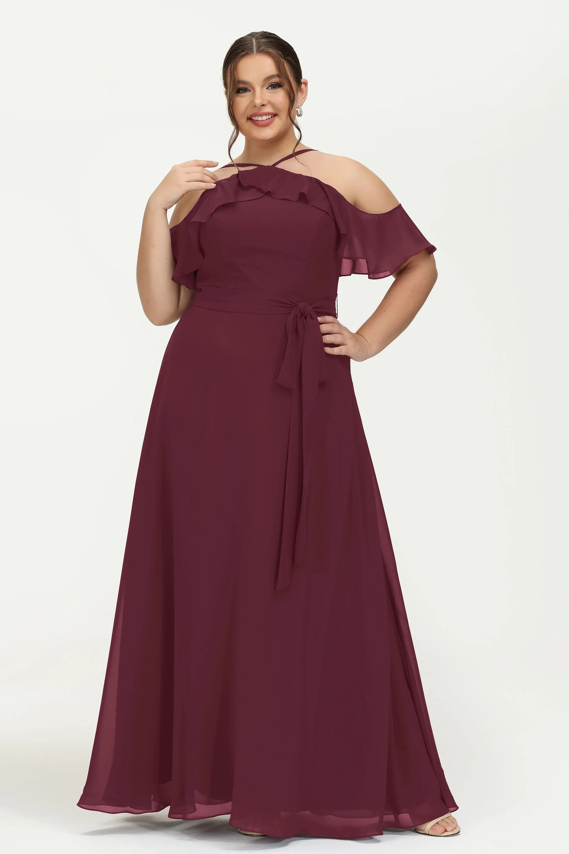 Duntery Halter Ruffles Maxi Plus Size Chiffon Dress, Mulberry Duntery Halter Ruffles Maxi Plus Size Chiffon Dress, Mulberry