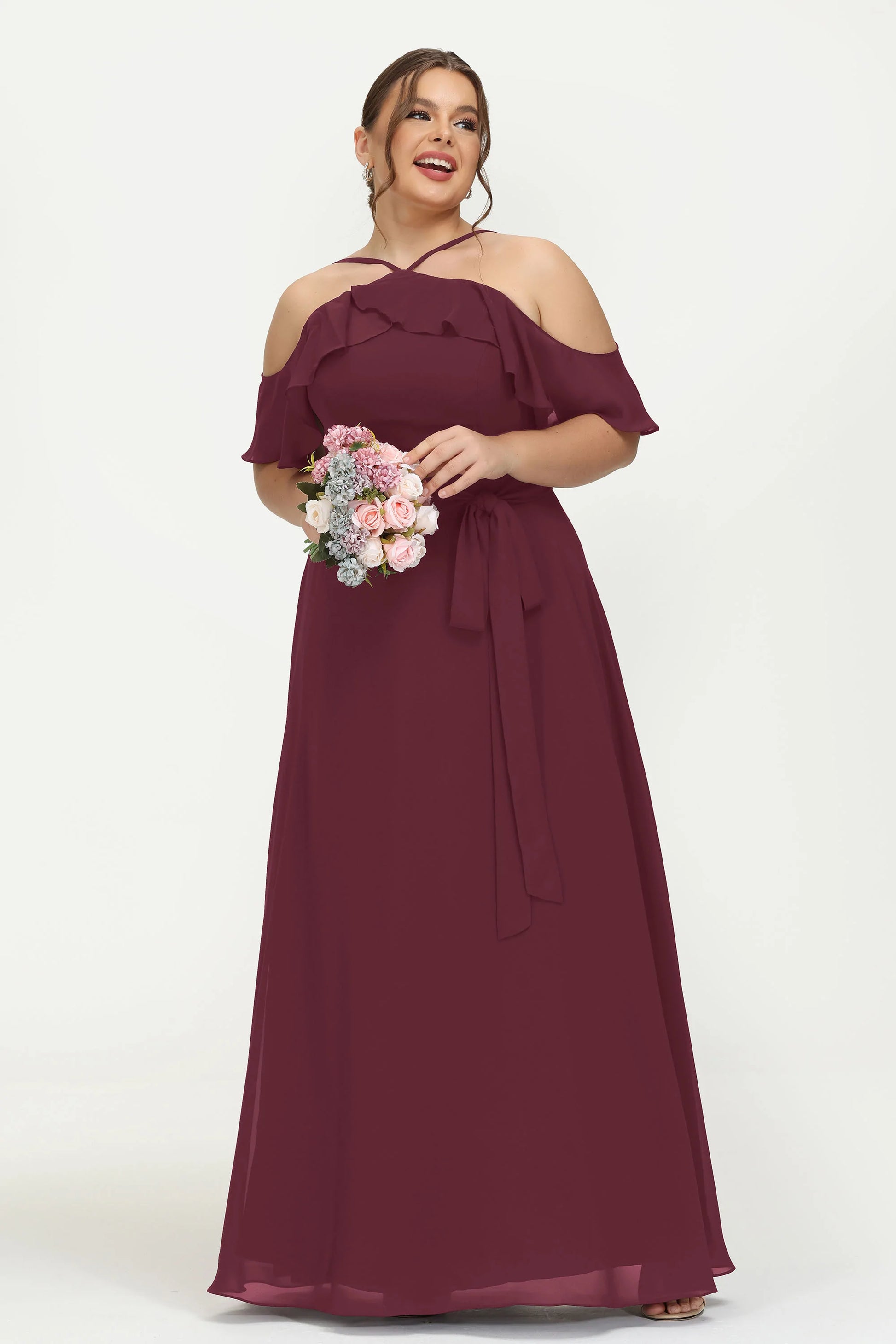 Duntery Halter Ruffles Maxi Plus Size Chiffon Dress, Mulberry Duntery Halter Ruffles Maxi Plus Size Chiffon Dress, Mulberry