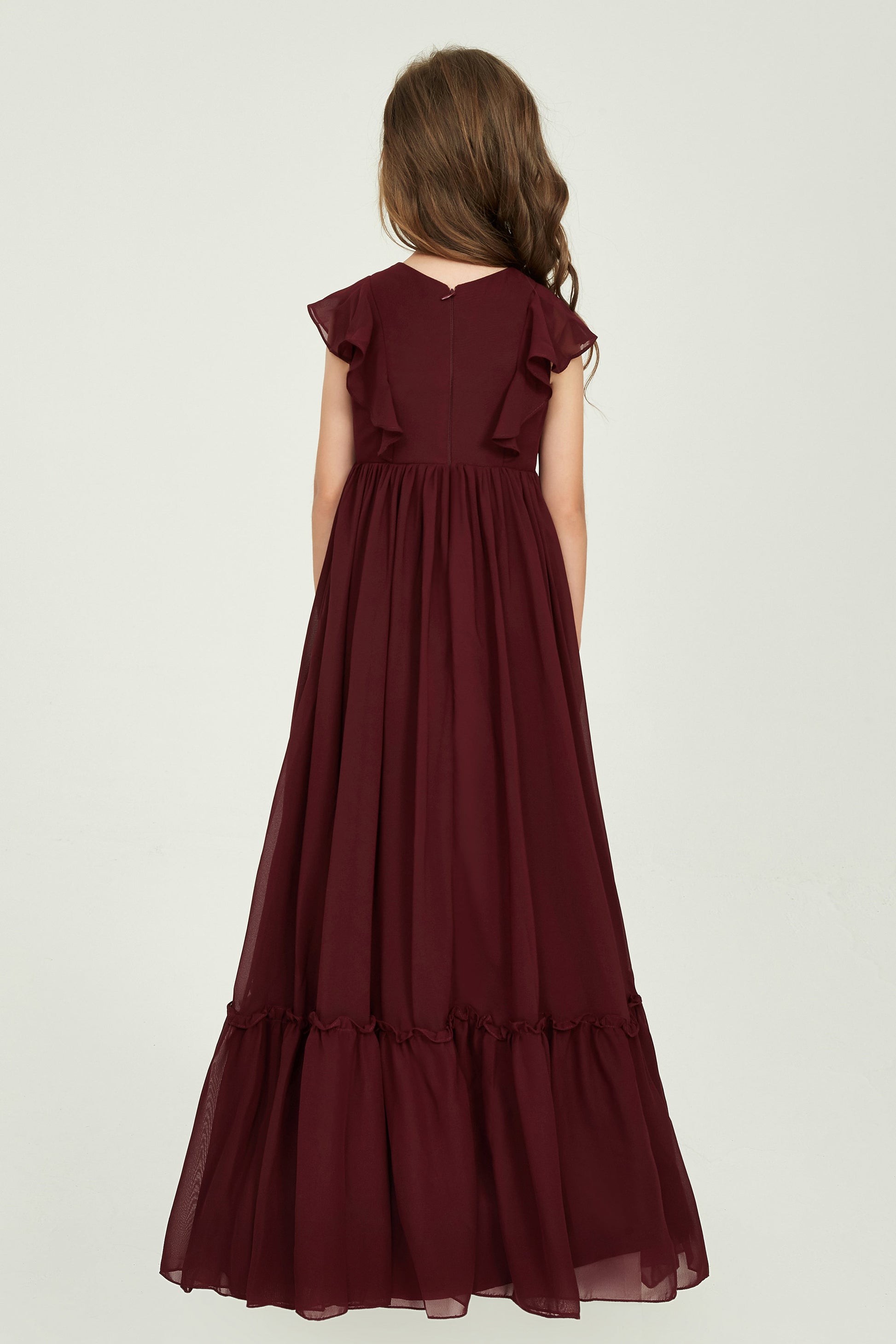 Duntery A-Line Chiffon Junior Bridesmaid Dress Floor Length Flutter Sleeves, Red Duntery A-Line Chiffon Junior Bridesmaid Dress Floor Length Flutter Sleeves, Red
