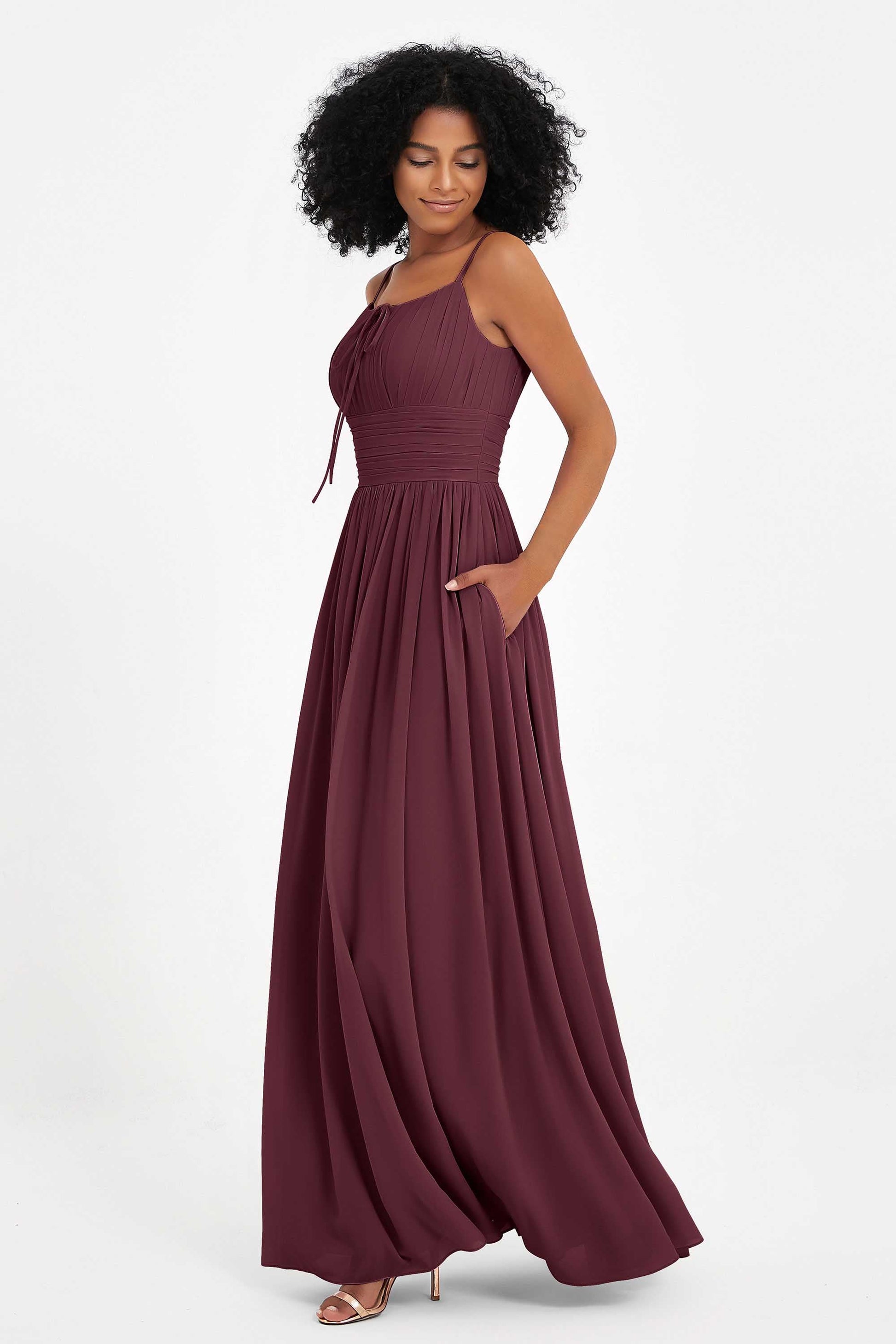 Duntery Bridesmaid Dress With Pockets Pleated Floor-Length Chiffon Dress, Cabernet Duntery Bridesmaid Dress With Pockets Pleated Floor-Length Chiffon Dress, Cabernet