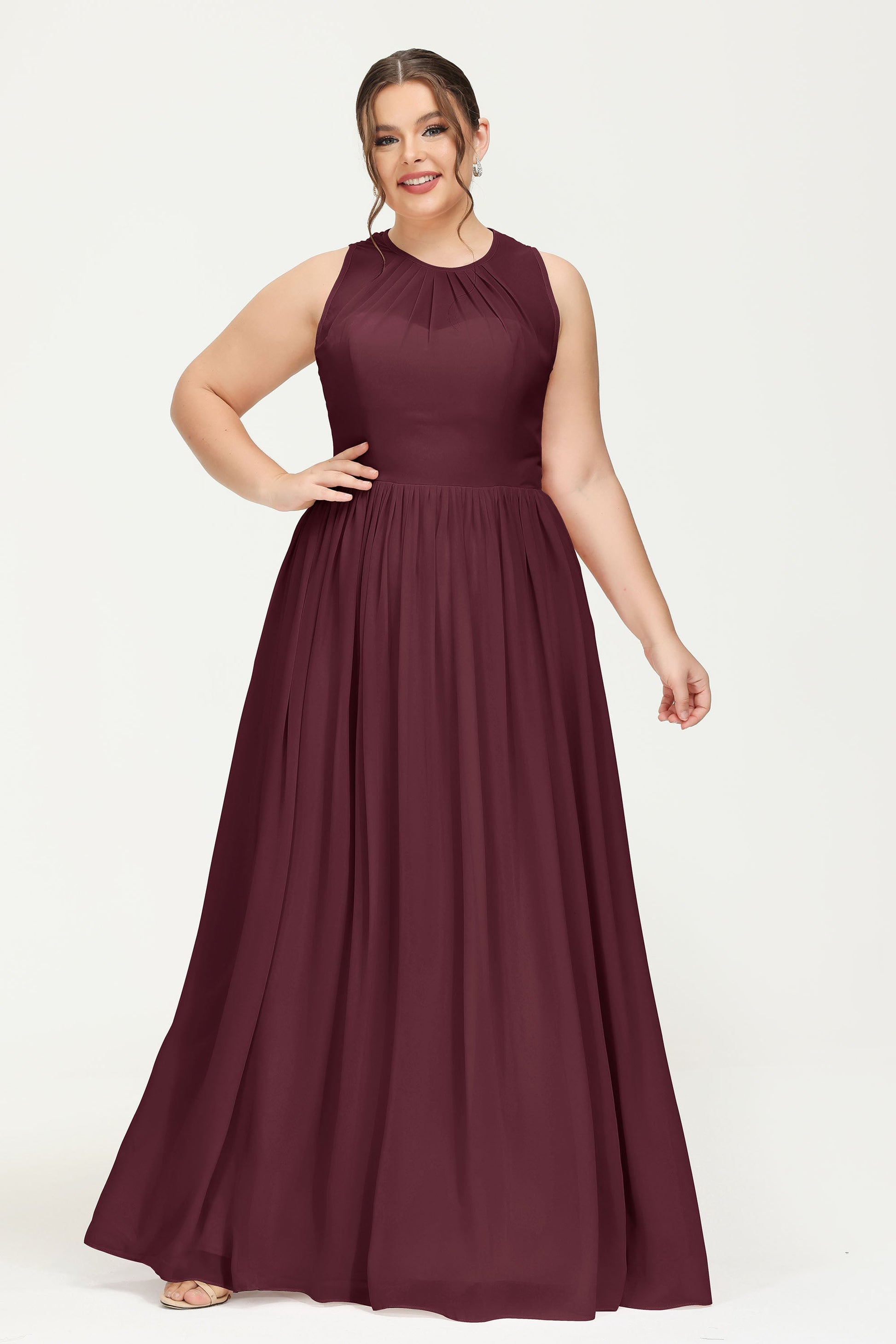 Duntery Plus Size A Line Illusion Neck Chiffon Maxi Bridesmaid Dress, Grape Duntery Plus Size A Line Illusion Neck Chiffon Maxi Bridesmaid Dress, Grape