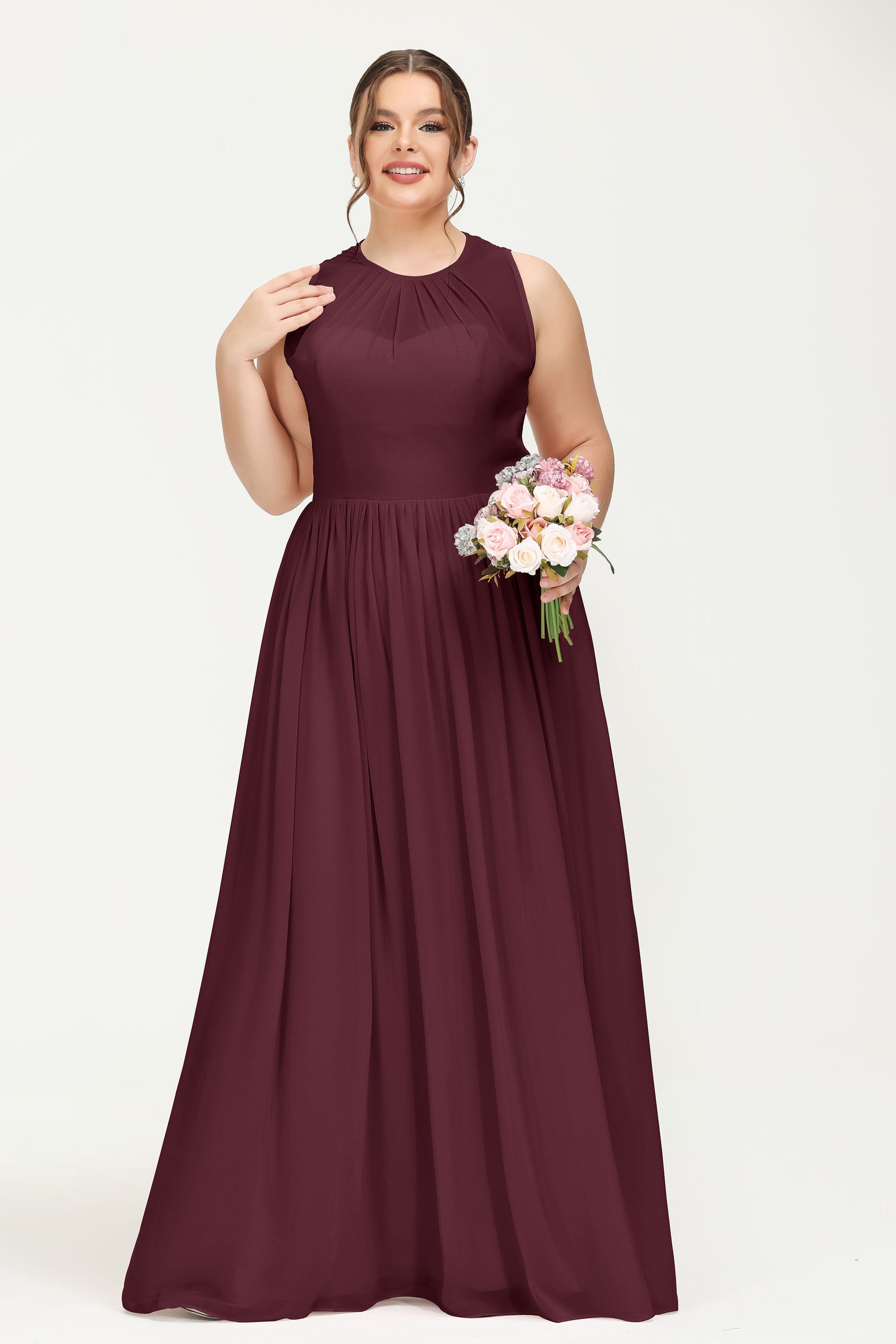 Duntery Plus Size A Line Illusion Neck Chiffon Maxi Bridesmaid Dress, Cinnamon-Rose Duntery Plus Size A Line Illusion Neck Chiffon Maxi Bridesmaid Dress, Cinnamon-Rose