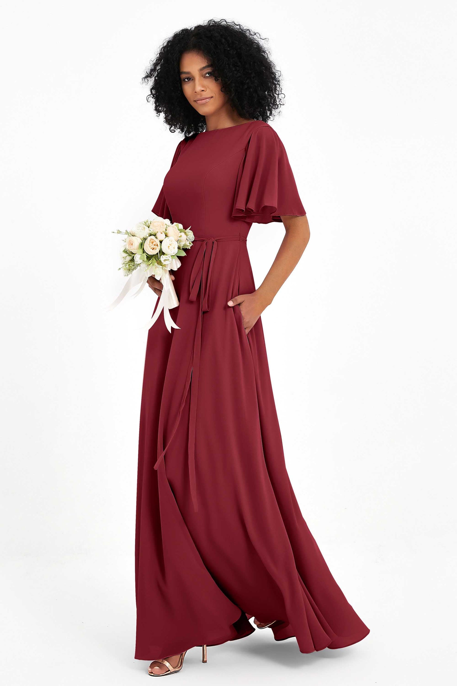 Flutter Sleeves Long Chiffon Bridesmaid Gown – DUNTERY