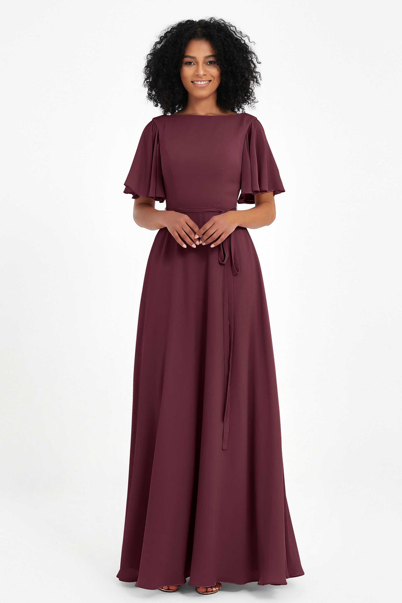 Flutter Sleeves Long Chiffon Bridesmaid Gown – DUNTERY