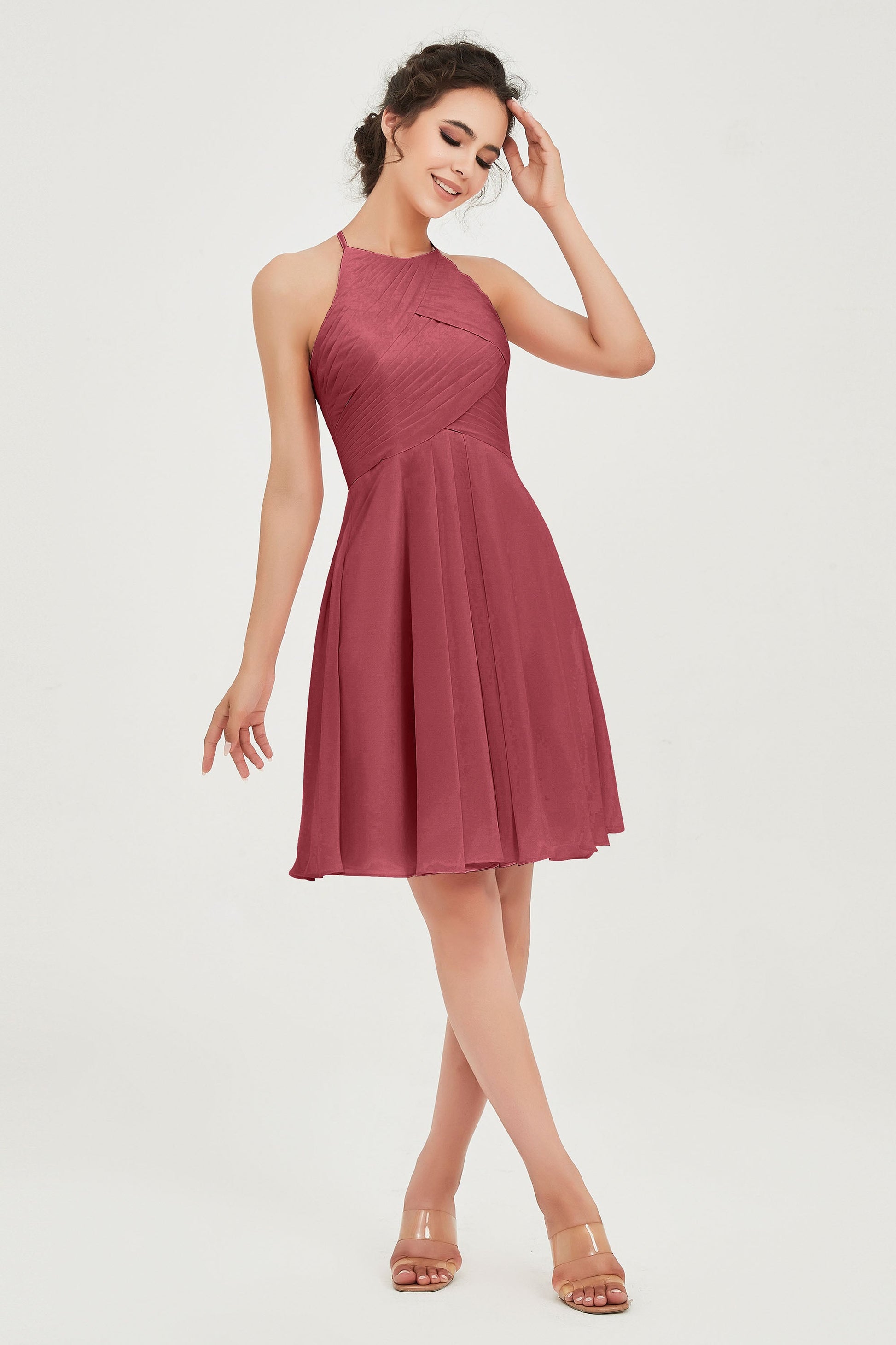 short halter bridesmaid dresses Taffeta Brown Halter Ruffles Neck Short Bridesmaid Dresses with Pockets/Cowboy Boots