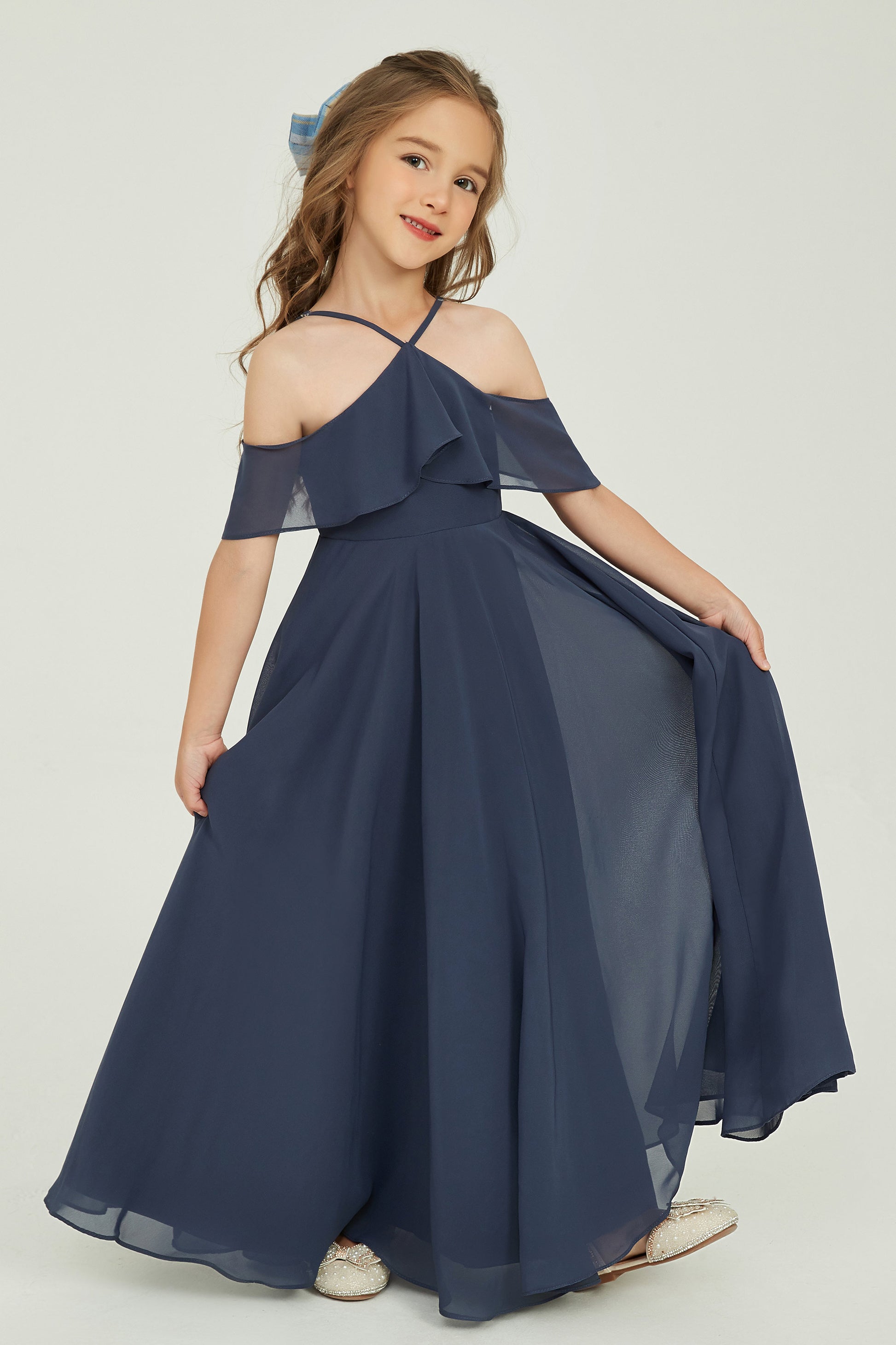 Duntery Long Chiffon Junior Bridesmaid Dress with Flutter Sleeves, White Duntery Long Chiffon Junior Bridesmaid Dress with Flutter Sleeves, White