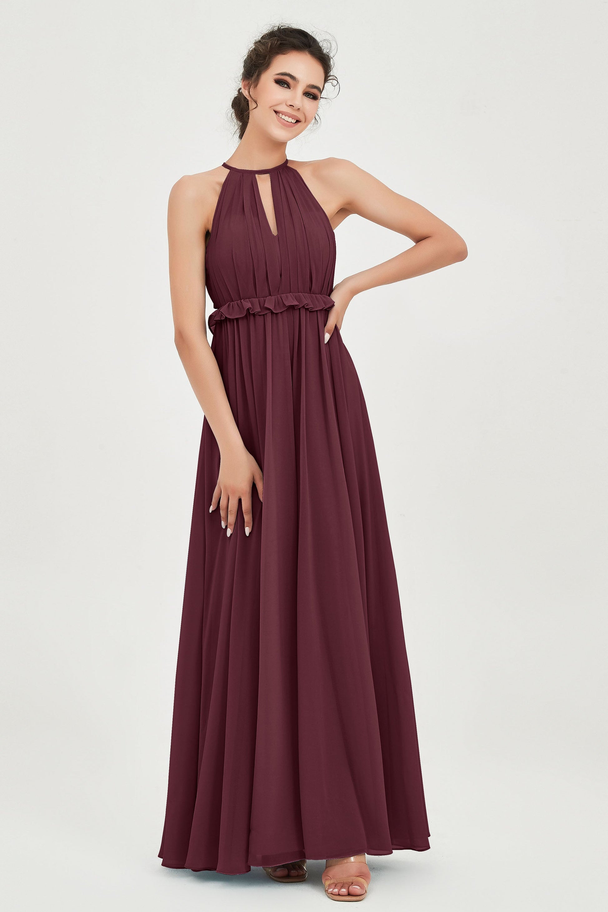 A-line Halter Backless Chiffon Bridesmaid Dress With Ruffle DUNTERY A-line Halter Backless Chiffon Bridesmaid Dress With Ruffle DUNTERY