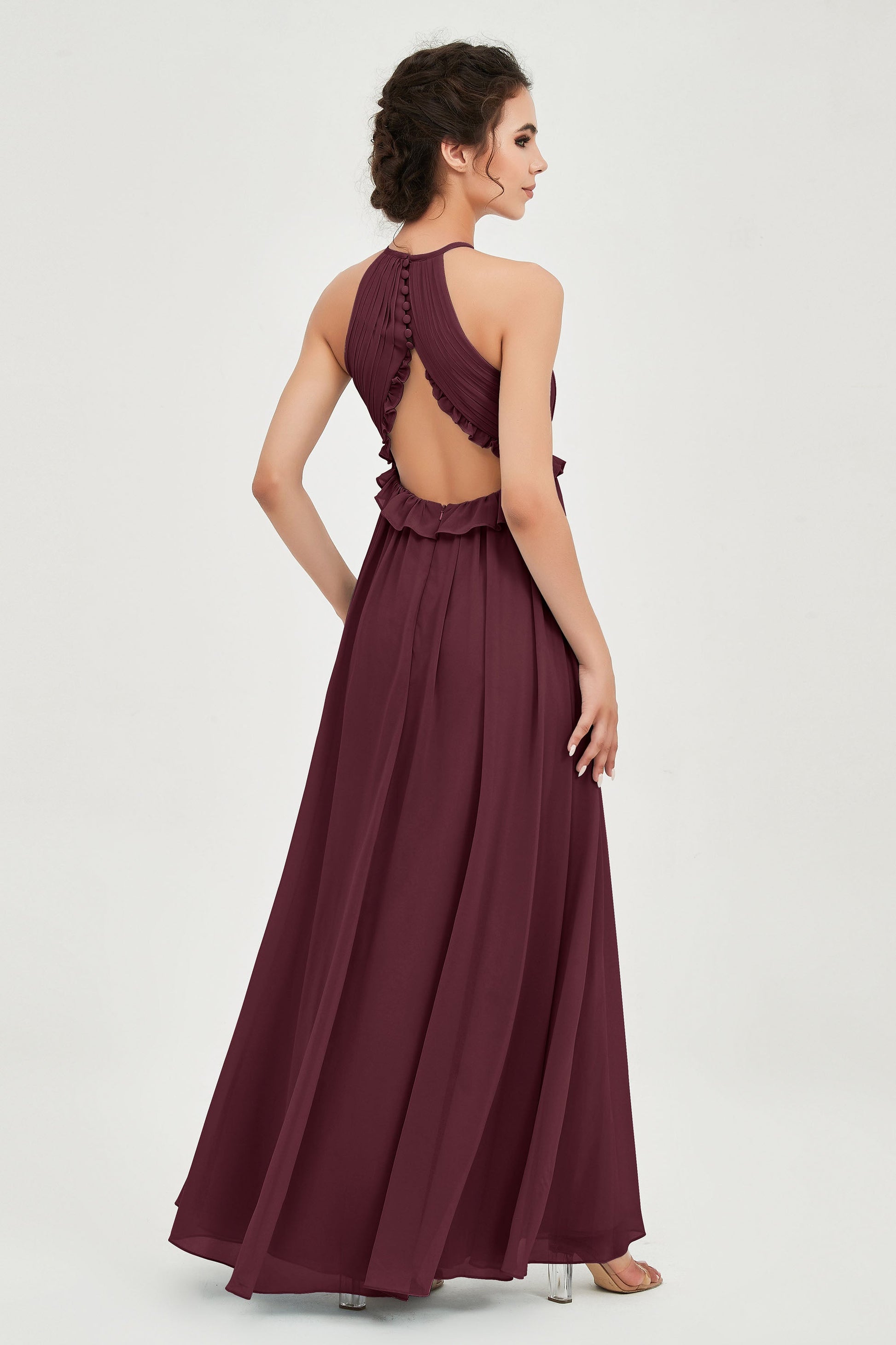 A-line Halter Backless Chiffon Bridesmaid Dress With Ruffle DUNTERY A-line Halter Backless Chiffon Bridesmaid Dress With Ruffle DUNTERY