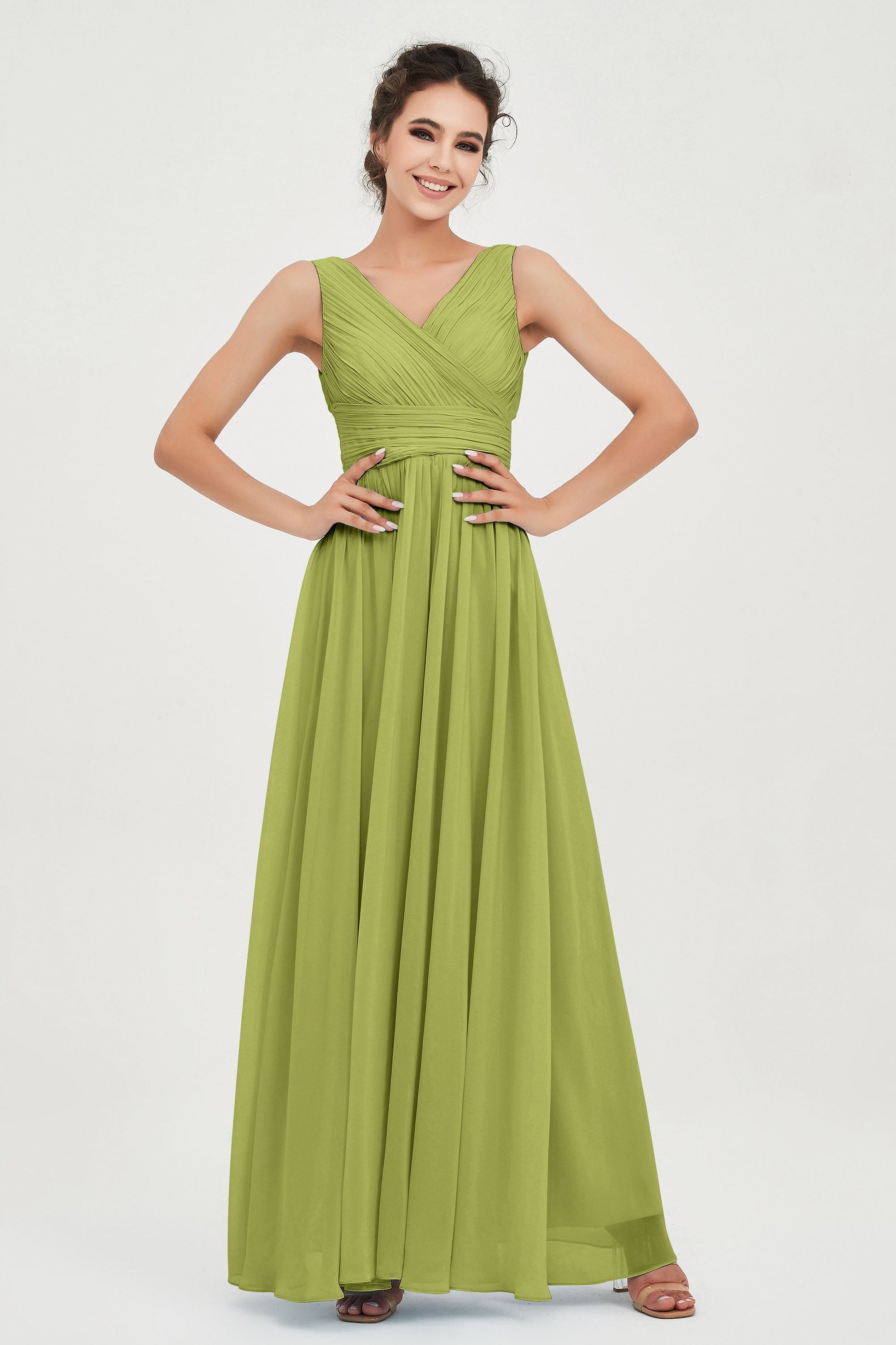 Duntery A-line V-neck Chiffon Floor-length Bridesmaid Dress, Clover Duntery A-line V-neck Chiffon Floor-length Bridesmaid Dress, Clover