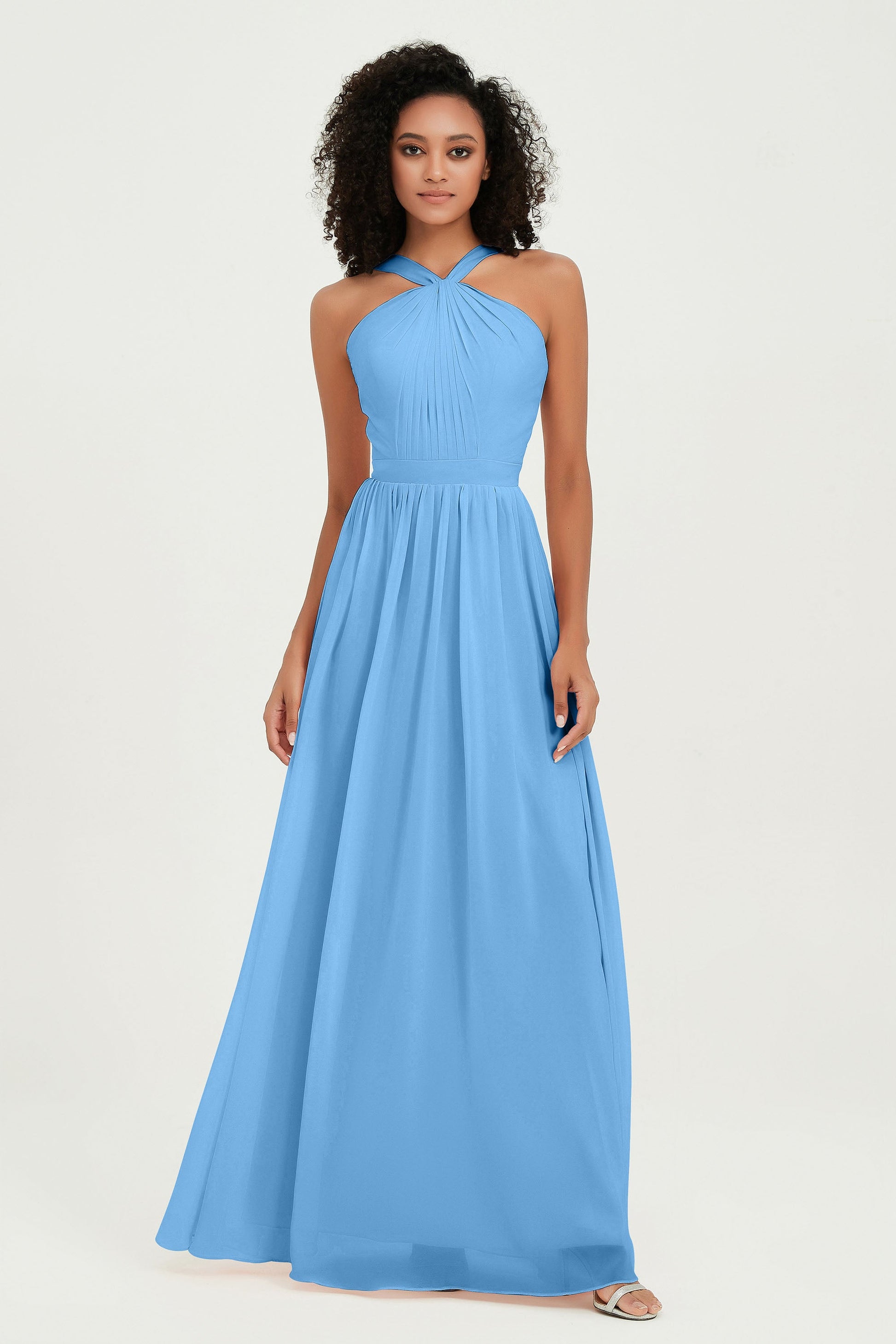 Duntery Long Bridesmaid Dress Halter Neckline Pleated Bodice, Blue Duntery Long Bridesmaid Dress Halter Neckline Pleated Bodice, Blue