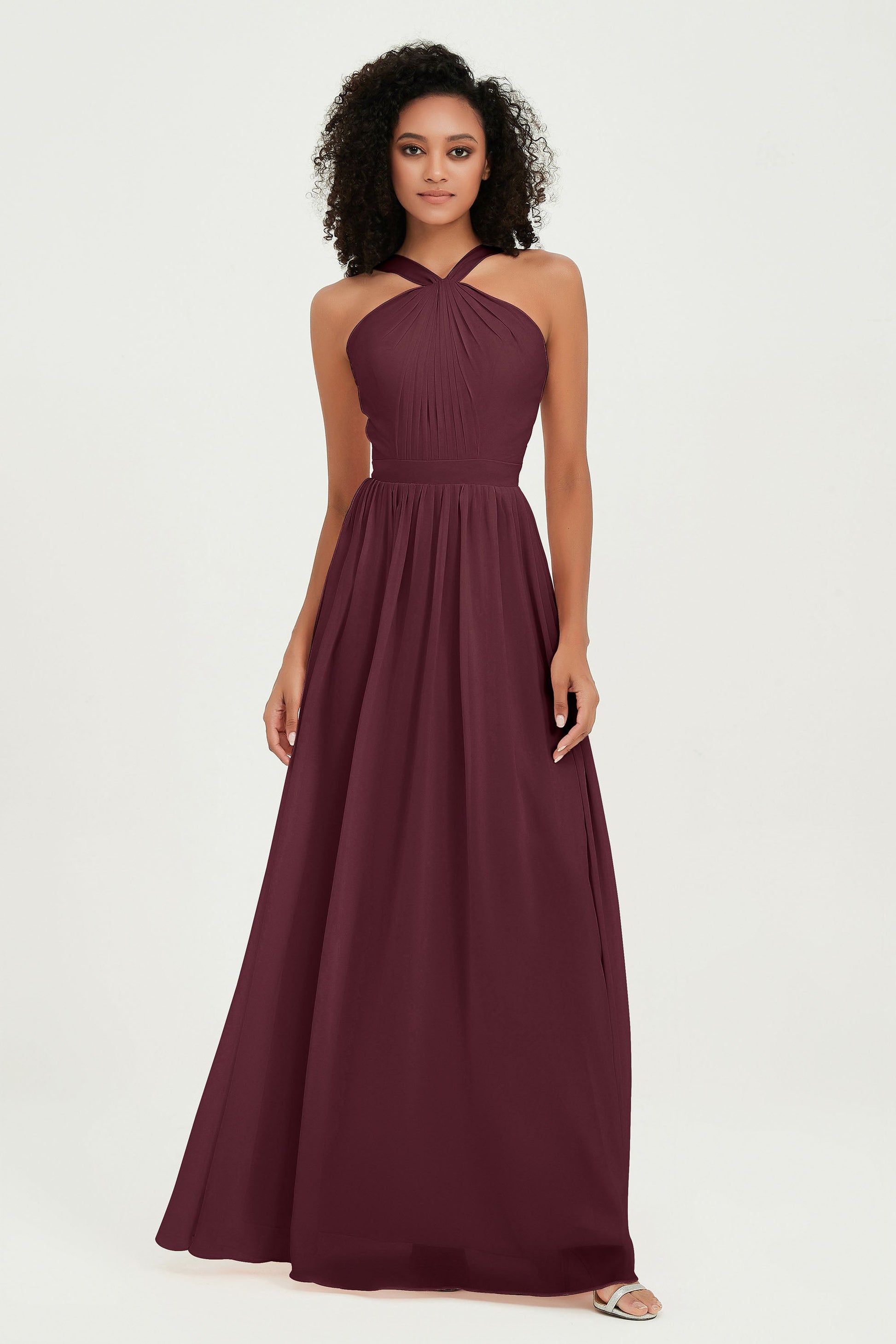 Duntery Long Bridesmaid Dress Halter Neckline Pleated Bodice, Cabernet Duntery Long Bridesmaid Dress Halter Neckline Pleated Bodice, Cabernet