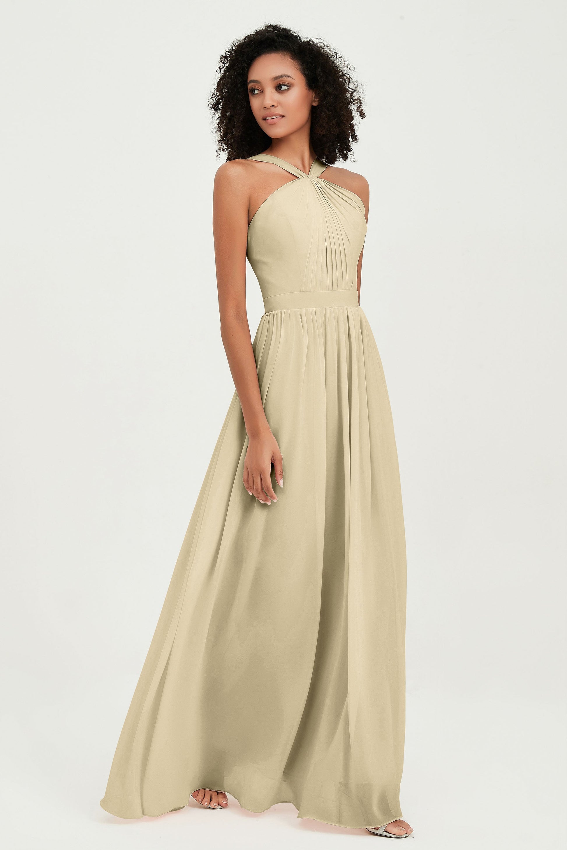 Duntery Long Bridesmaid Dress Halter Neckline Pleated Bodice, Champagne Duntery Long Bridesmaid Dress Halter Neckline Pleated Bodice, Champagne