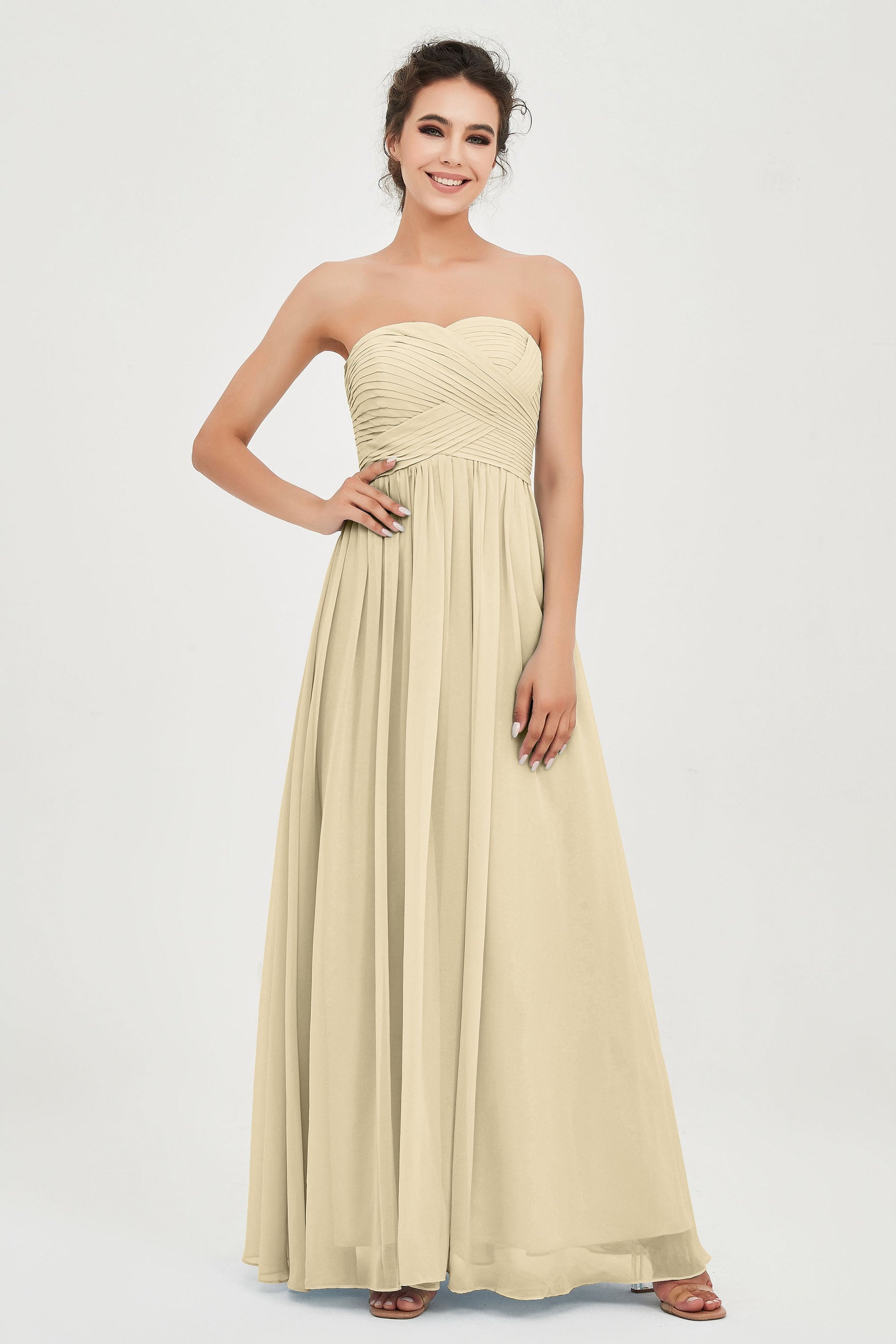 Duntery Strapless Sweetheart Neck Long Dress With Pleated Bodice, Champagne Duntery Strapless Sweetheart Neck Long Dress With Pleated Bodice, Champagne