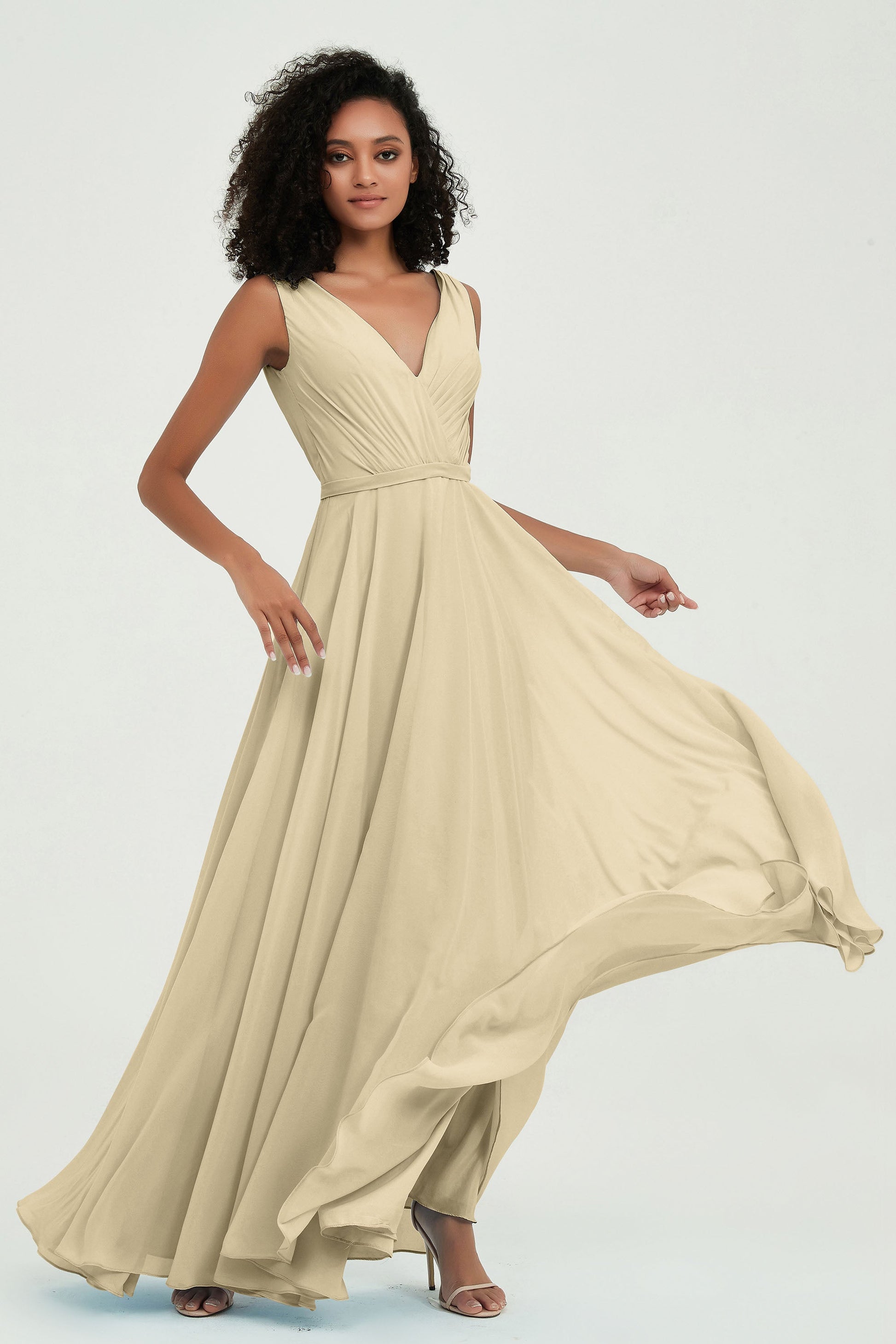 Duntery A-Line V-Neck Sleeveless Chiffon Long Bridesmaid Dress, Gold Duntery A-Line V-Neck Sleeveless Chiffon Long Bridesmaid Dress, Gold