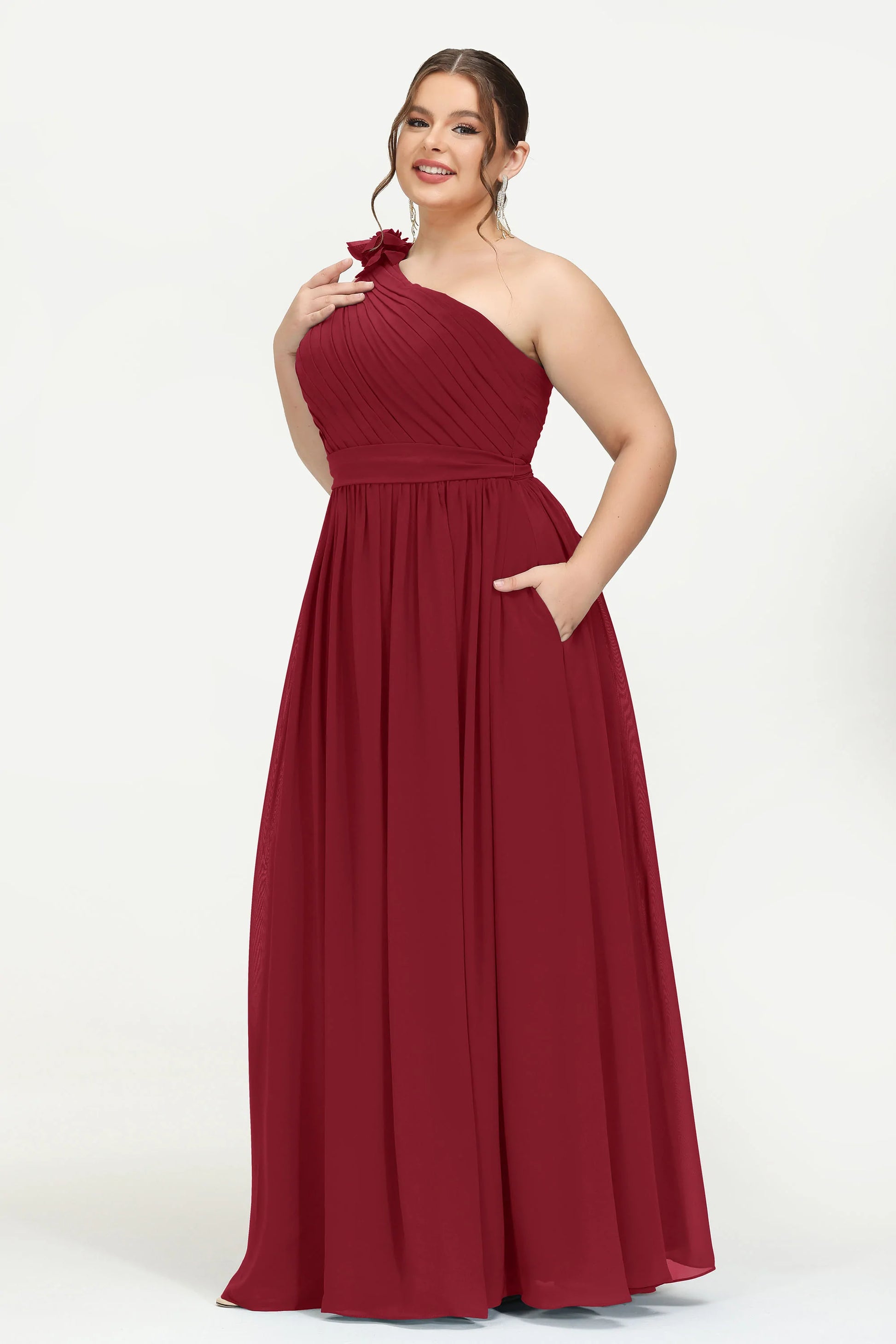plus size red bridesmaid dresses Duntery Plus Size Bridesmaid Dress One Shoulder Floor-Length With Pocket, Burgundy