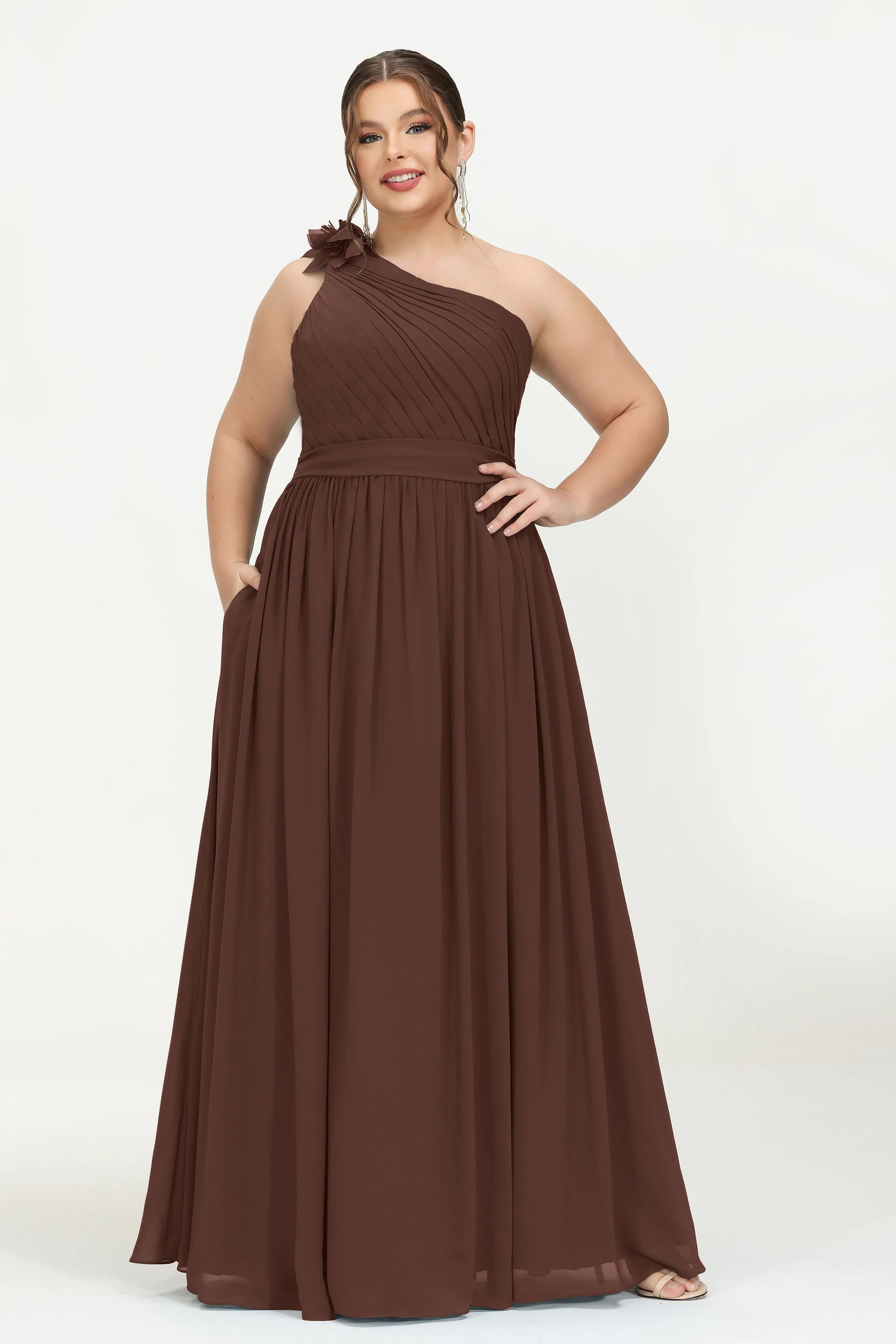 Duntery Plus Size Bridesmaid Dress One Shoulder Pleated Simple Chiffon Maxi Plus Size Dress, Terracotta Duntery Plus Size Bridesmaid Dress One Shoulder Pleated Simple Chiffon Maxi Plus Size Dress, Terracotta