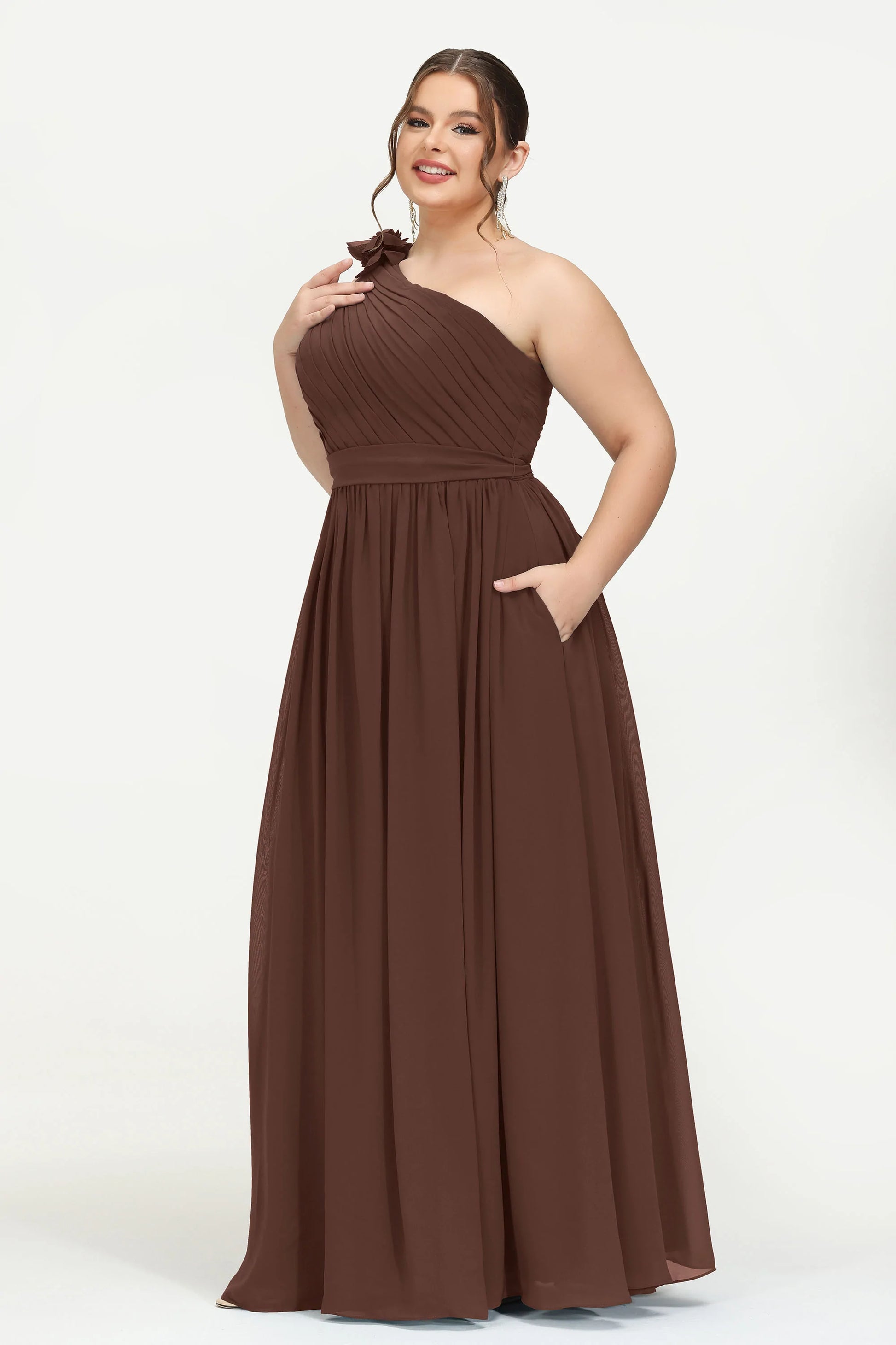 chocolate brown bridesmaid dresses plus size EVERPRETTY Elegant Plus Size Coffee Brown Bridesmaid Dress, Chiffon Round Neck Ruffle Sleeve, Spring Summer Wedding Guest Party Dress, Mother Of The Bride