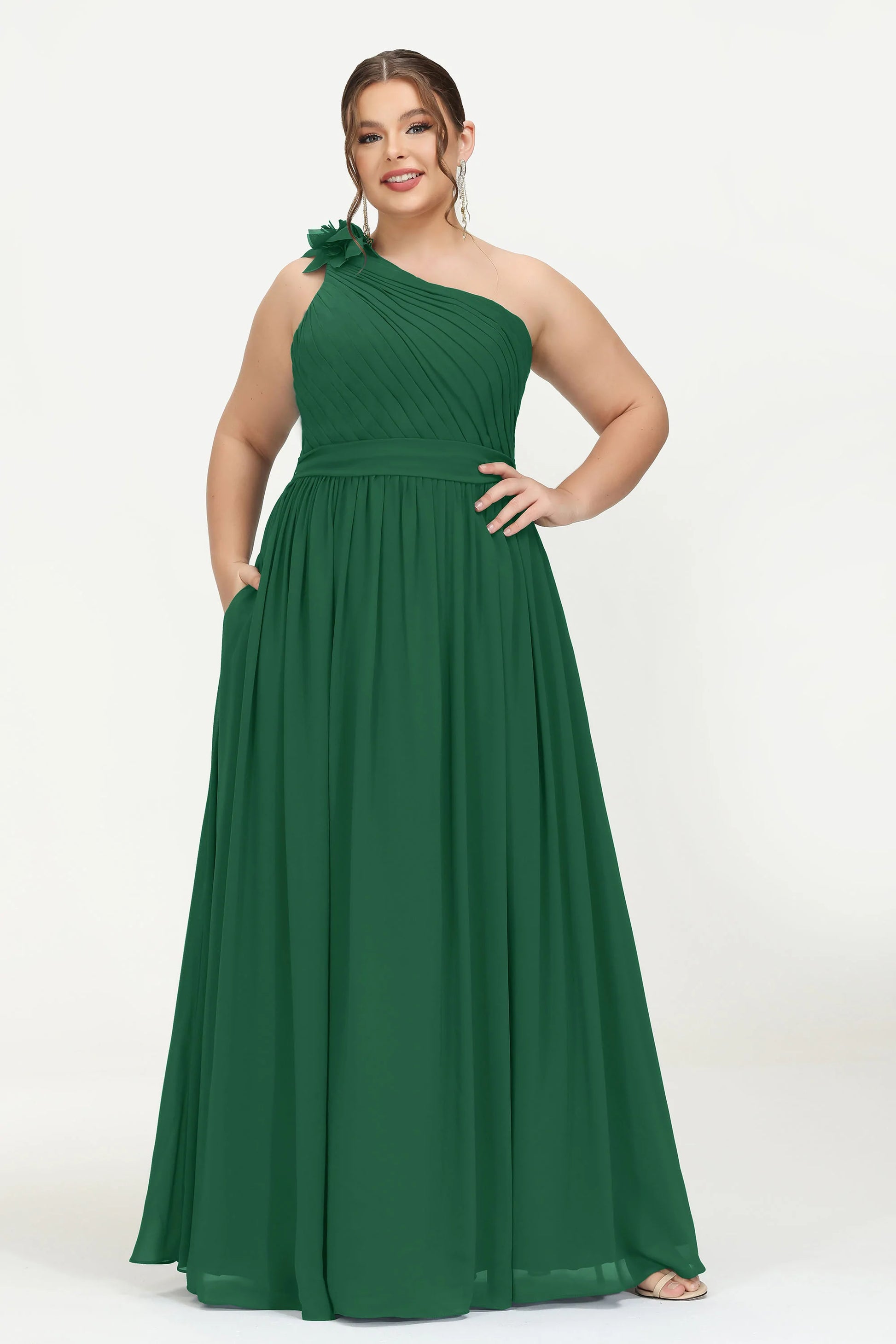 Duntery Plus Size Bridesmaid Dress One Shoulder Floor-Length With Pocket, Emerald Duntery Plus Size Bridesmaid Dress One Shoulder Floor-Length With Pocket, Emerald