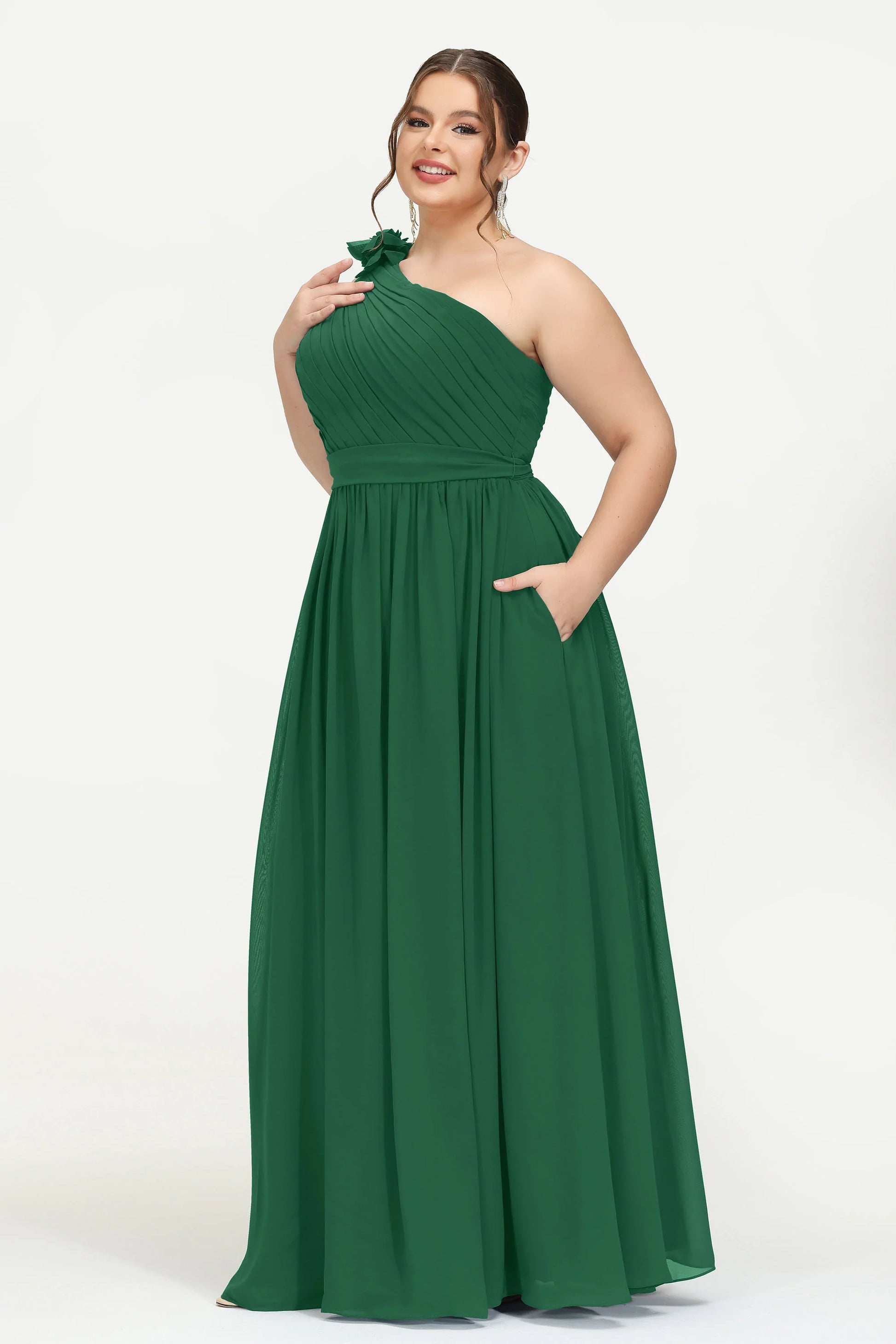 Duntery Plus Size Bridesmaid Dress One Shoulder Floor-Length With Pocket, Green Duntery Plus Size Bridesmaid Dress One Shoulder Floor-Length With Pocket, Green