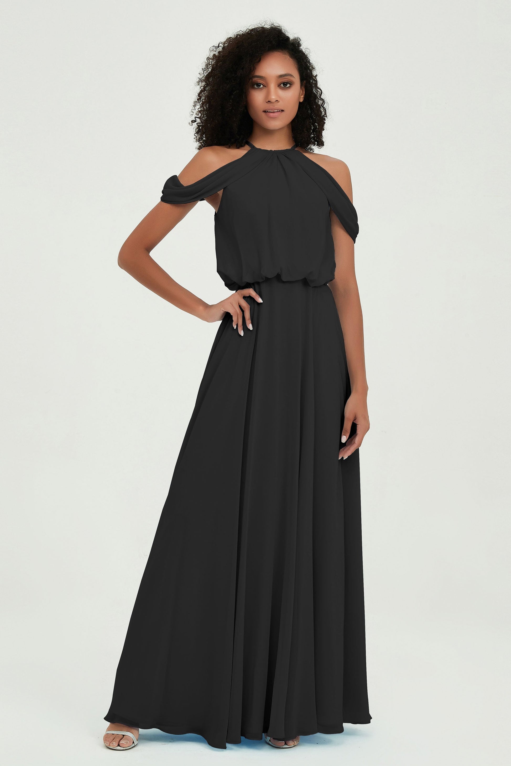Duntery Halter Off The Shoulder Long Dress With Blouson Bodice, Tangerine Duntery Halter Off The Shoulder Long Dress With Blouson Bodice, Tangerine