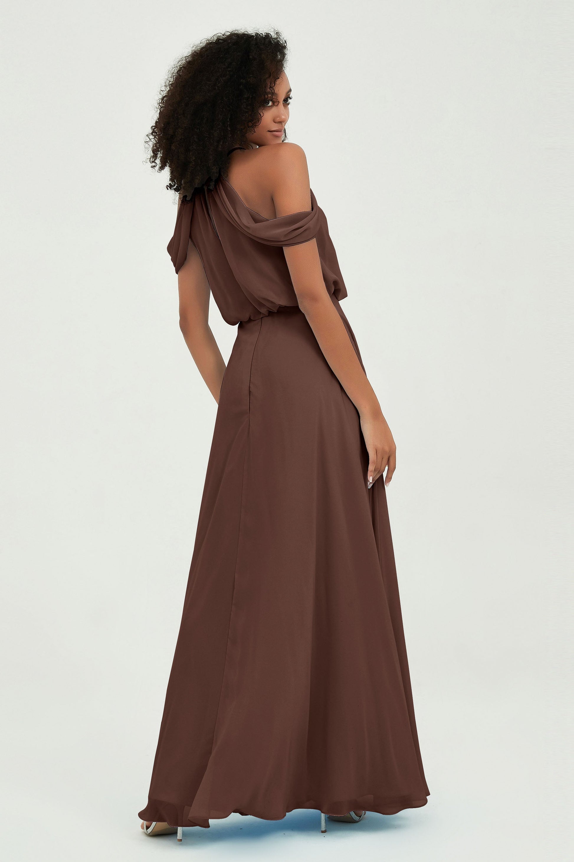 Duntery Halter Off The Shoulder Long Dress with Blouson Bodice, Brown Duntery Halter Off The Shoulder Long Dress with Blouson Bodice, Brown