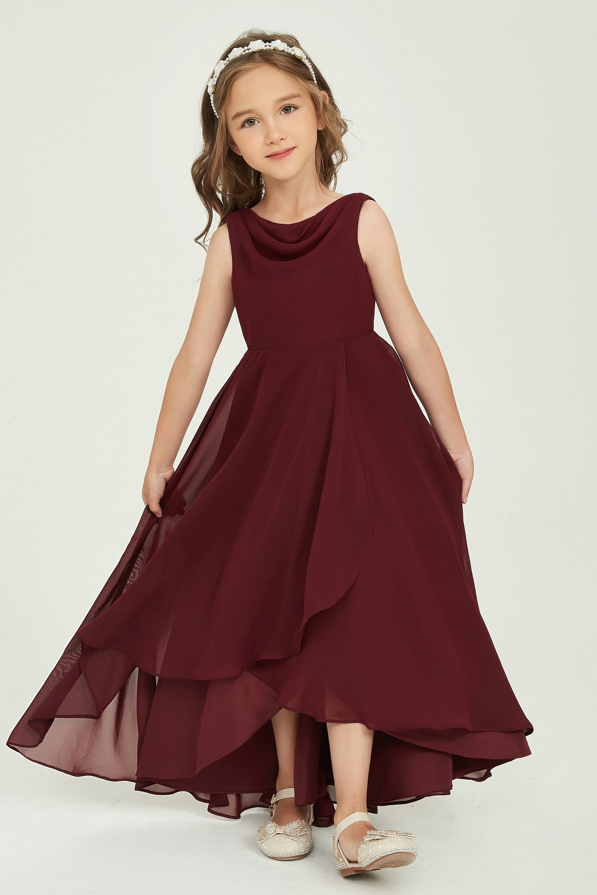 Duntery Long Asymmetrical Junior Bridesmaid Dress Elegant Cowl Neck, Blue Duntery Long Asymmetrical Junior Bridesmaid Dress Elegant Cowl Neck, Blue
