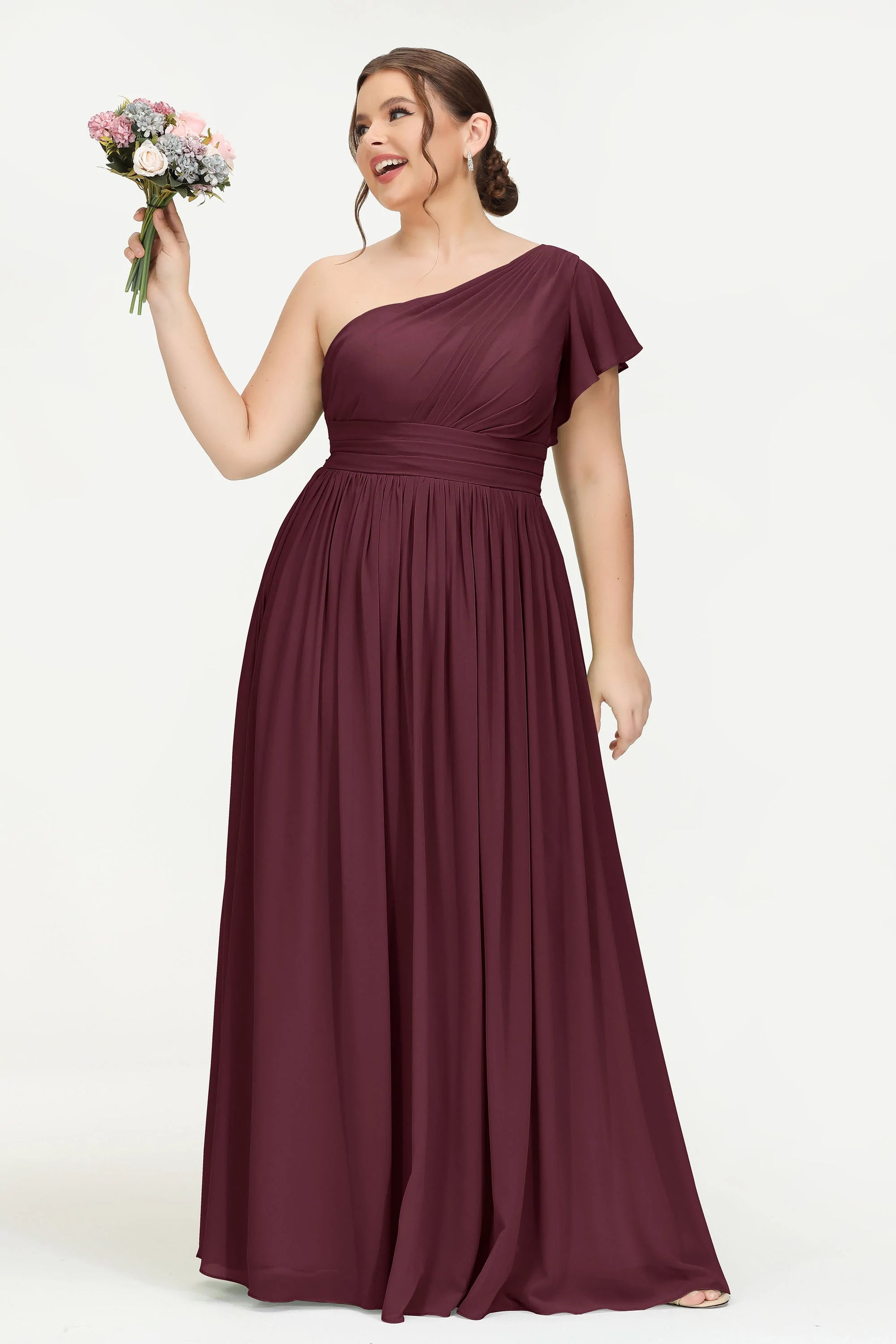 Duntery One Shoulder Chiffon Bridesmaid Gown With Flutter Sleeves, Mulberry Duntery One Shoulder Chiffon Bridesmaid Gown With Flutter Sleeves, Mulberry