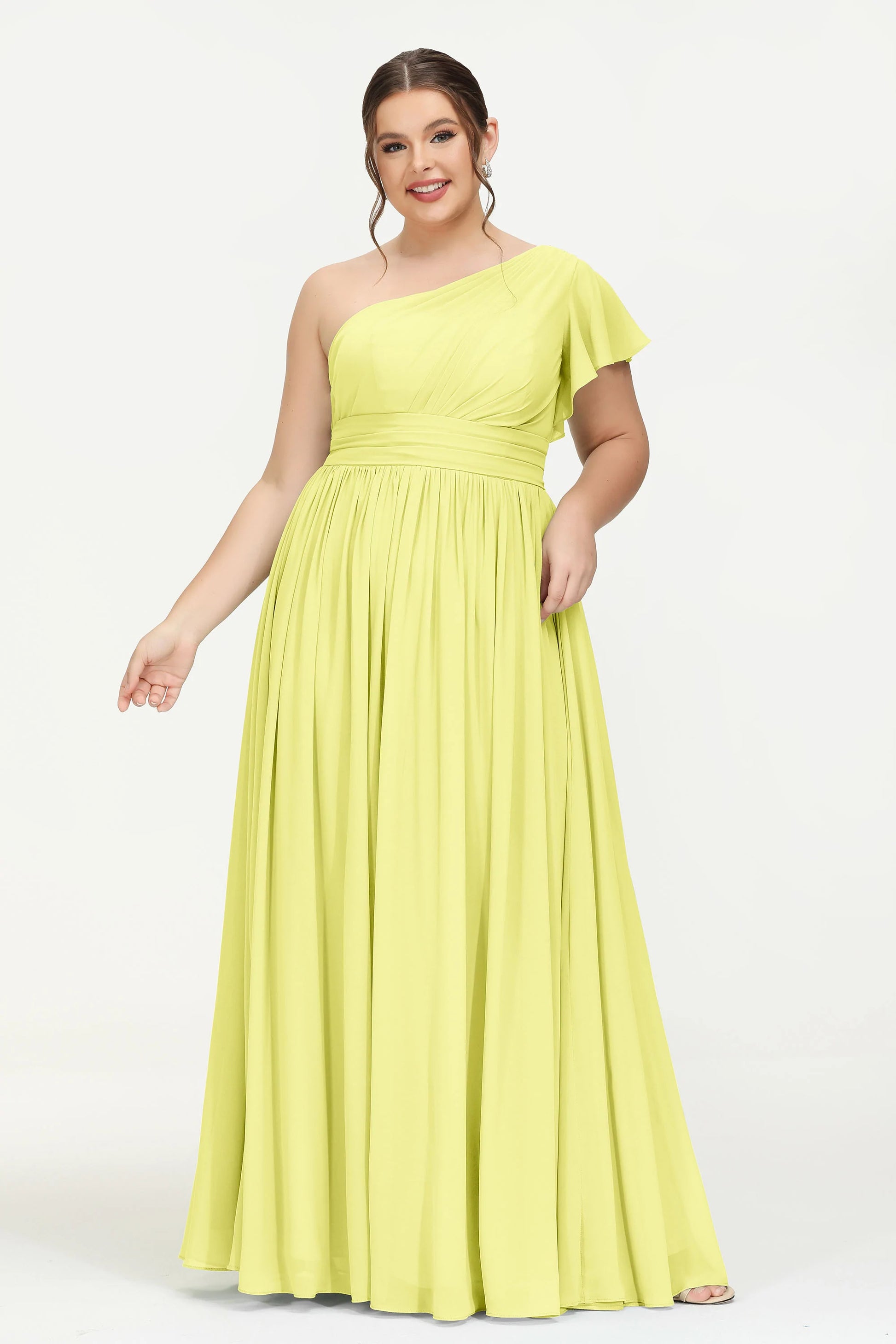 Duntery One Shoulder Chiffon Bridesmaid Gown With Flutter Sleeves, Daffodil Duntery One Shoulder Chiffon Bridesmaid Gown With Flutter Sleeves, Daffodil