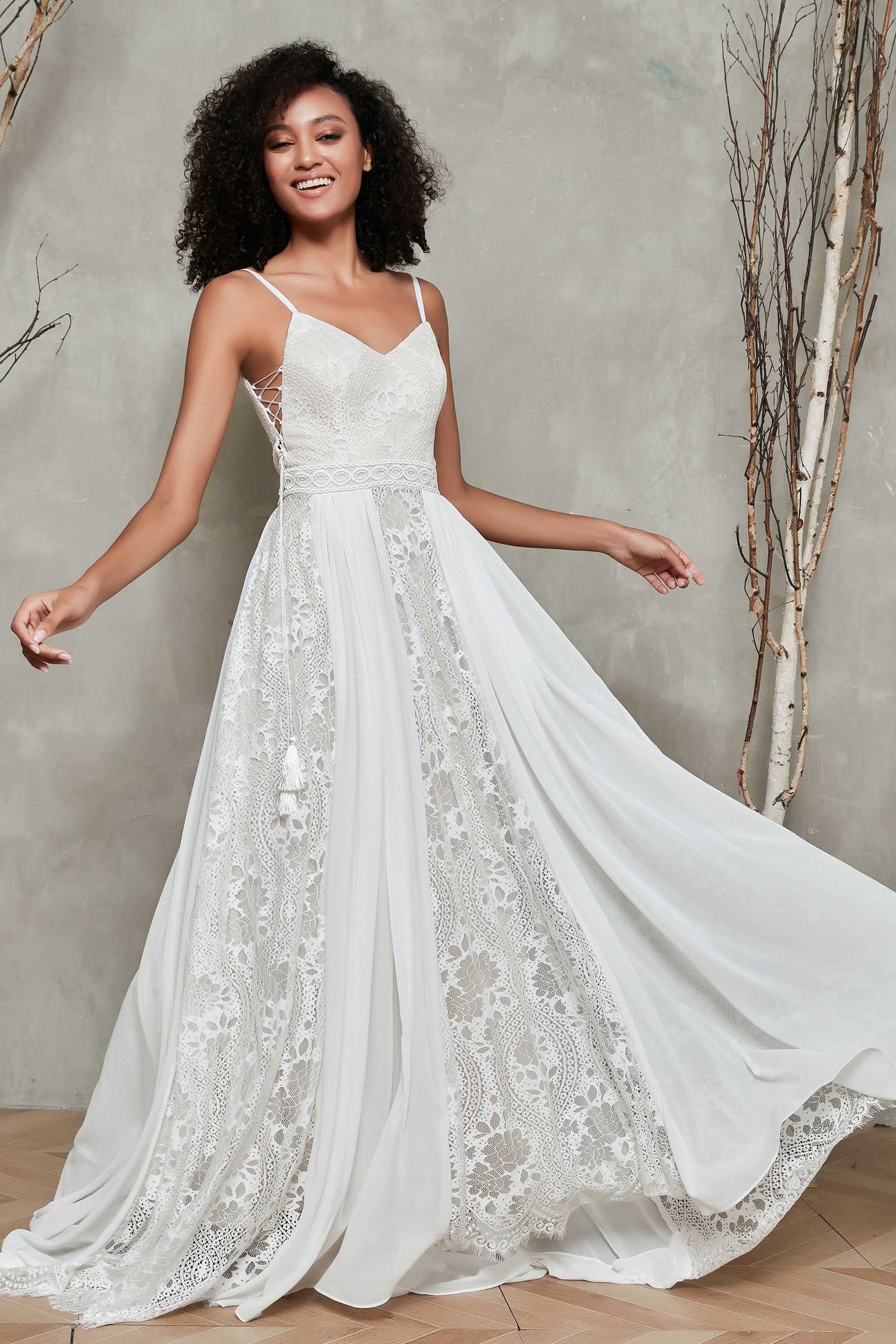 Spaghetti Straps Backless Lace Wedding Dress With Train – DUNTERY