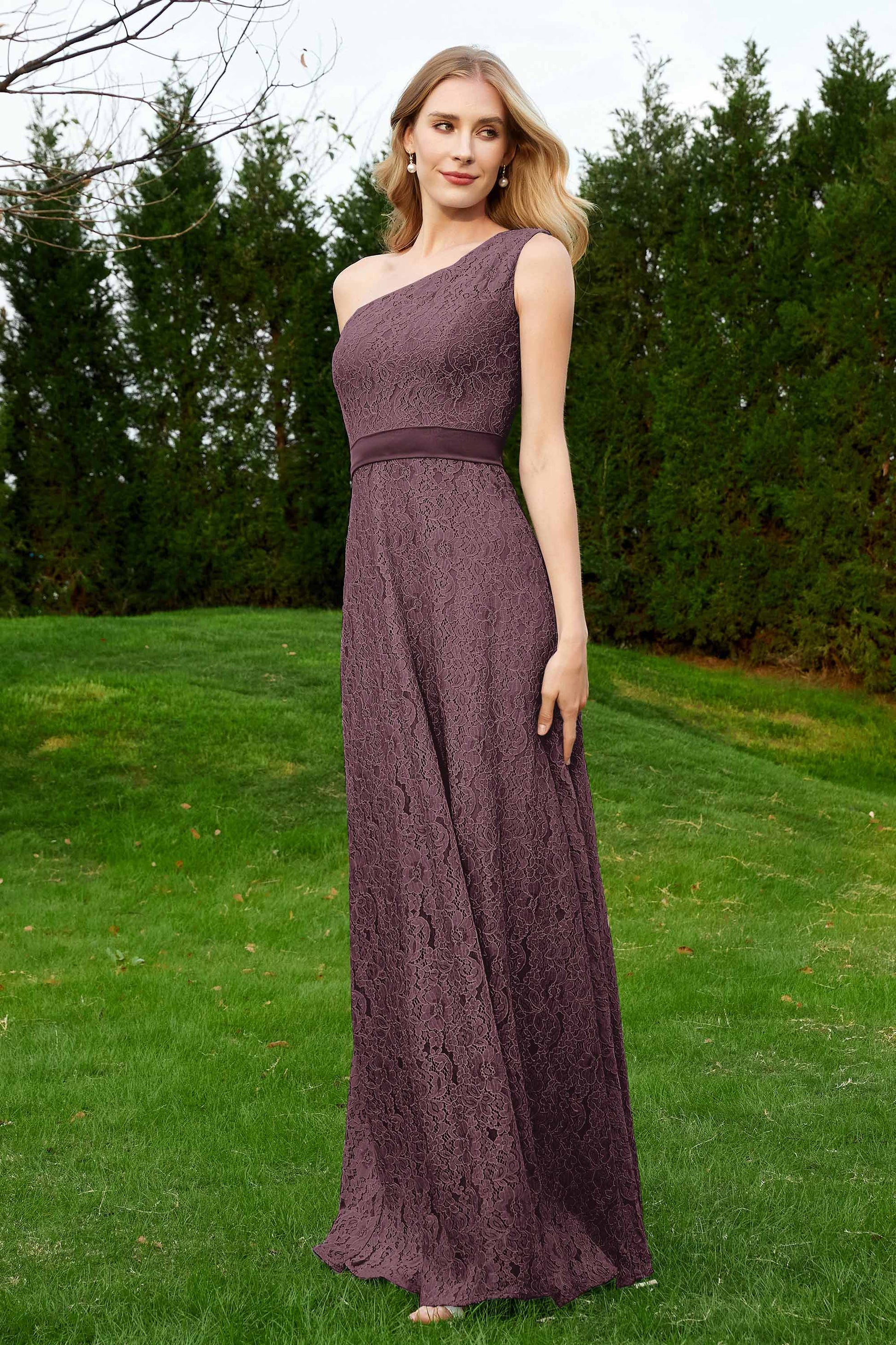 Duntery One Shoulder Lace Floor-Length Gown, Sky-Blue Duntery One Shoulder Lace Floor-Length Gown, Sky-Blue