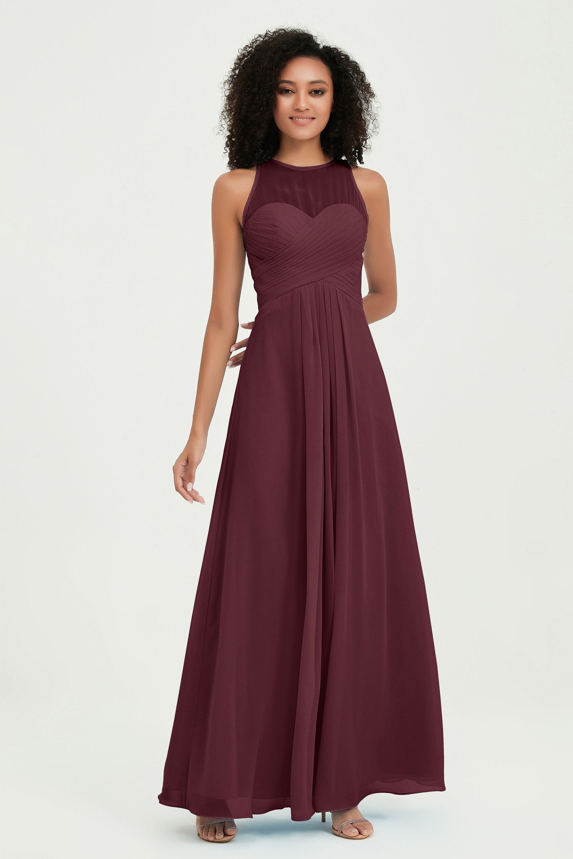 illusion neck bridesmaid dresses Ink Blue Illusion Neck U Back A-line Bridesmaid Dress