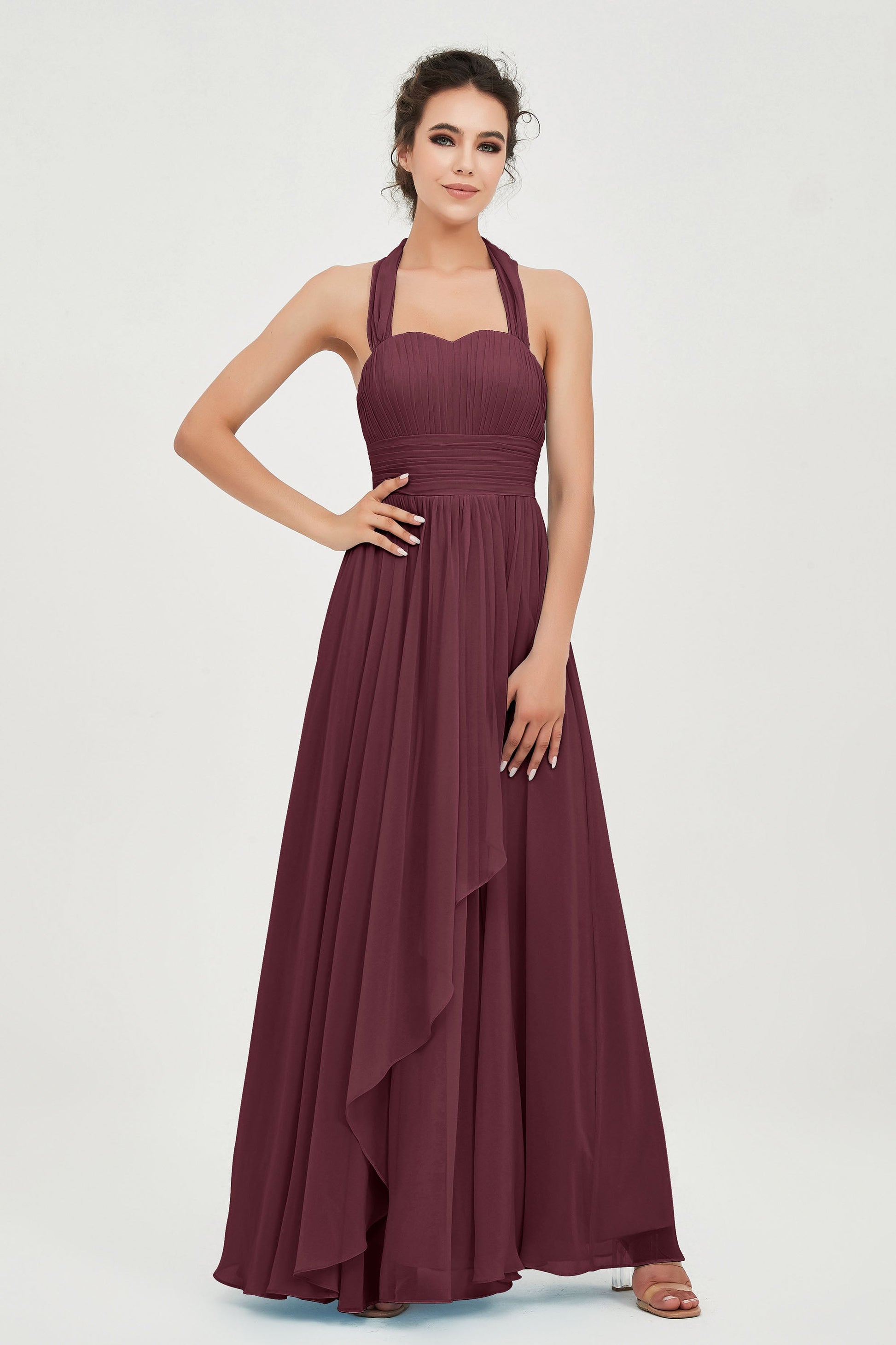 Duntery A-Line Halter Sleeveless Chiffon Dress with Cascade Skirt, Burgundy Duntery A-Line Halter Sleeveless Chiffon Dress with Cascade Skirt, Burgundy