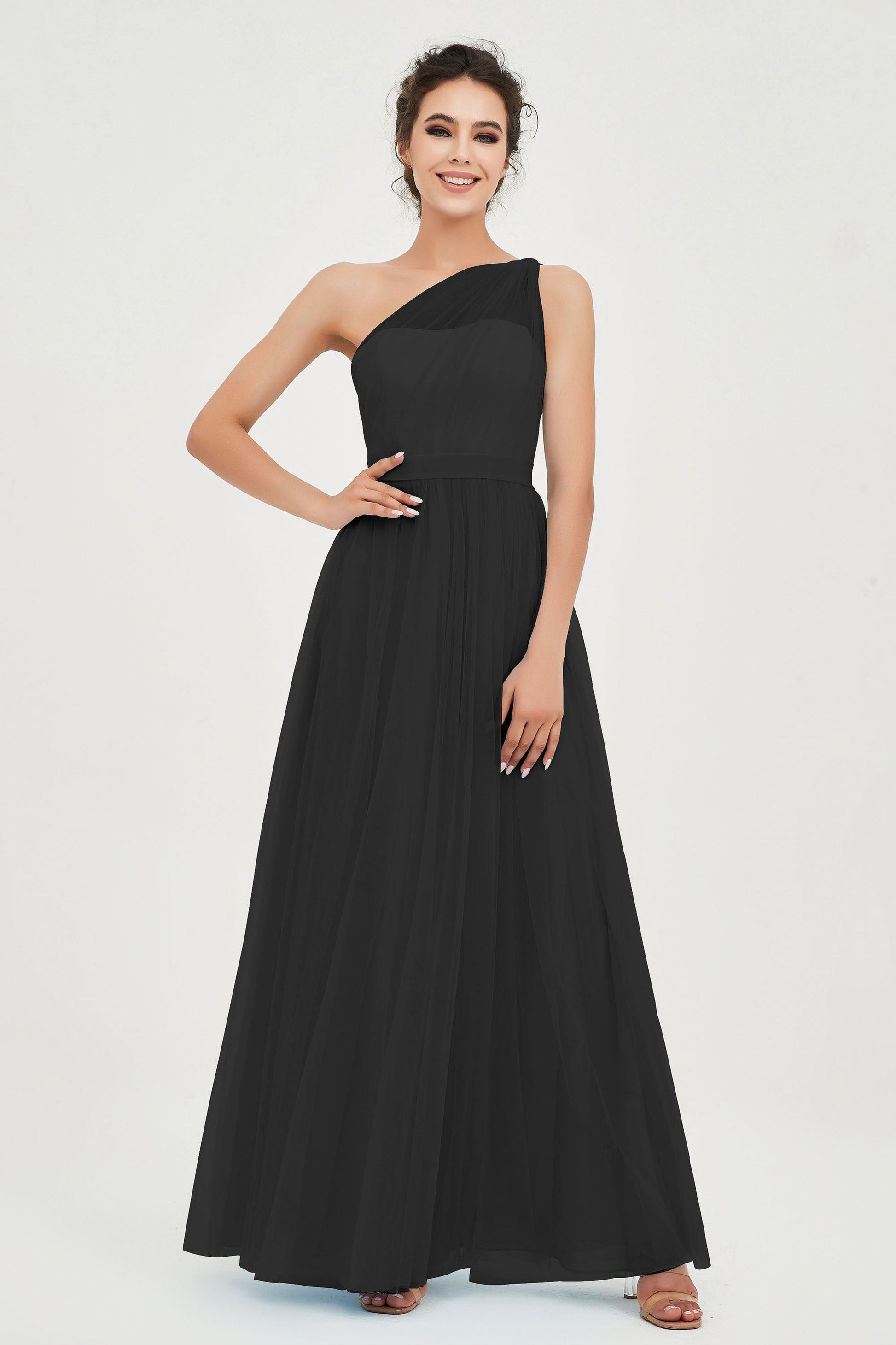 mesh bridesmaid dress One-Shoulder Mesh Bridesmaid Dress with Full Skirt