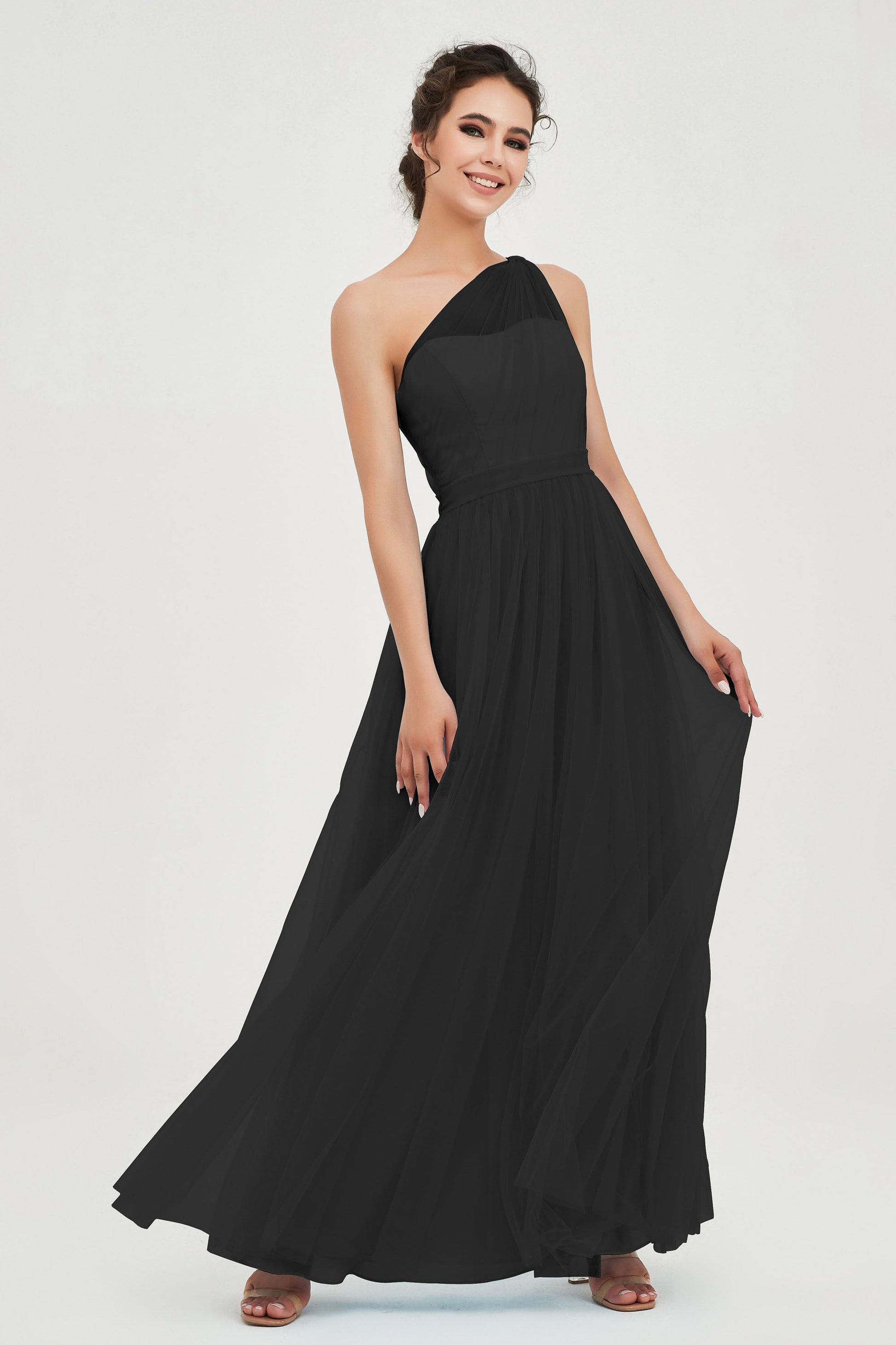 Duntery One Shoulder Mesh Wedding Party Tulle Bridesmaid Gown, Brown Duntery One Shoulder Mesh Wedding Party Tulle Bridesmaid Gown, Brown