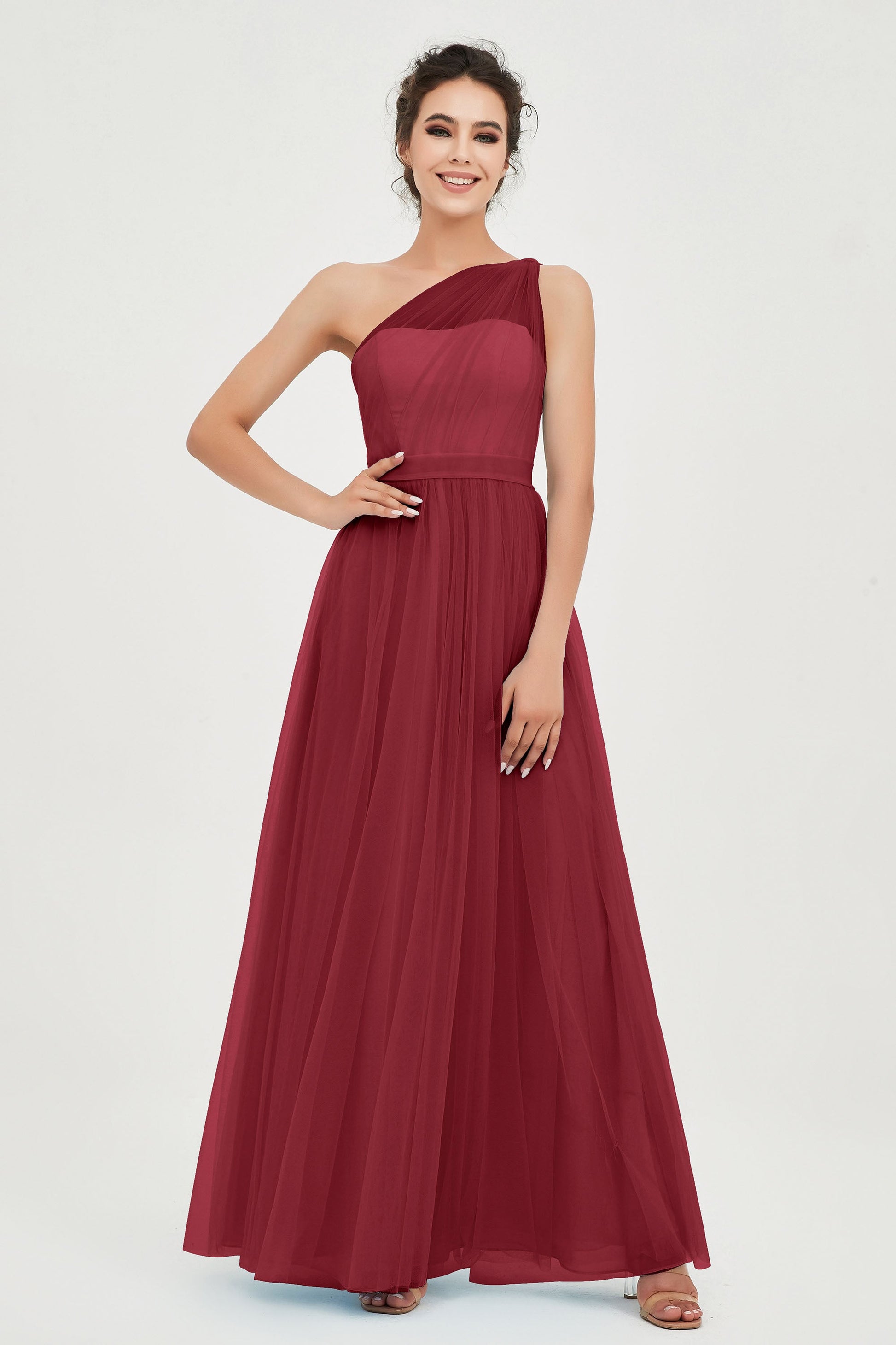 Duntery One Shoulder Mesh Wedding Party Tulle Bridesmaid Gown, Terracotta Duntery One Shoulder Mesh Wedding Party Tulle Bridesmaid Gown, Terracotta