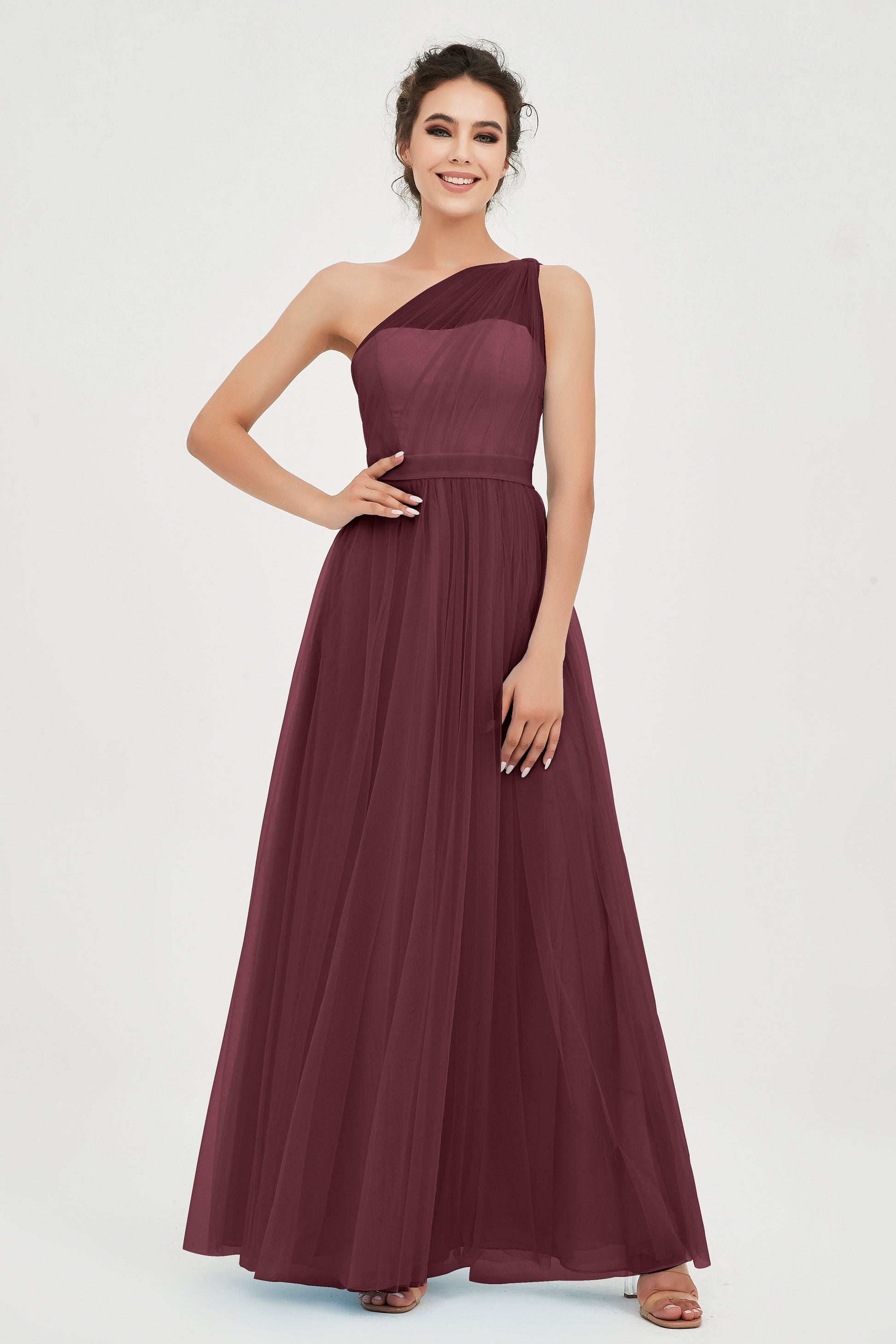 one shoulder tulle bridesmaid dress Empire Waist Tulle One Shoulder Bowknot A-Line Bridesmaid Dress