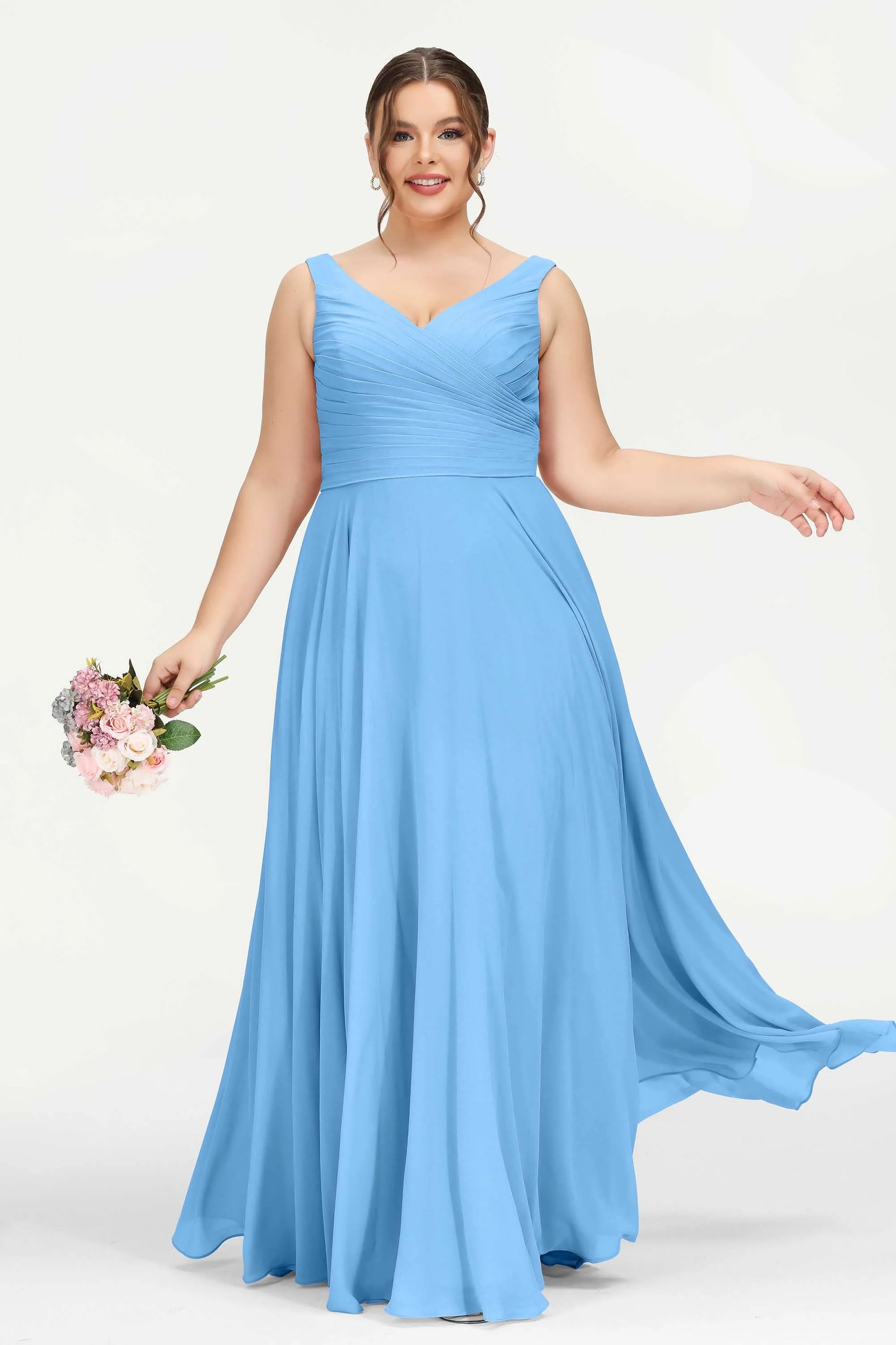 Pleated Bodice V Neck Chiffon Dress With Bowknot Plus Size DUNTERY Pleated Bodice V Neck Chiffon Dress With Bowknot Plus Size DUNTERY